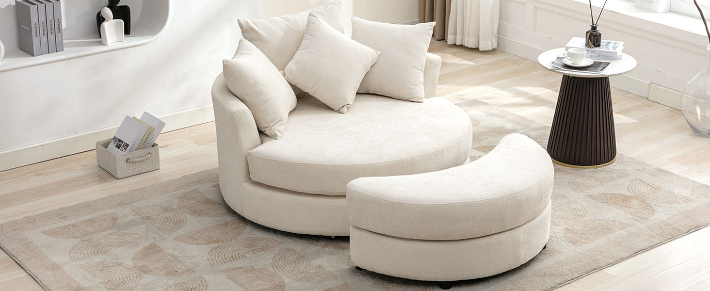 Orisfur. 360 Swivel Accent Barrel Chair With Storage Ottoman & 4 Pillows, Modern Chenille Leisure Chair Round Accent For Living Room, Cream Cream Foam Chenille