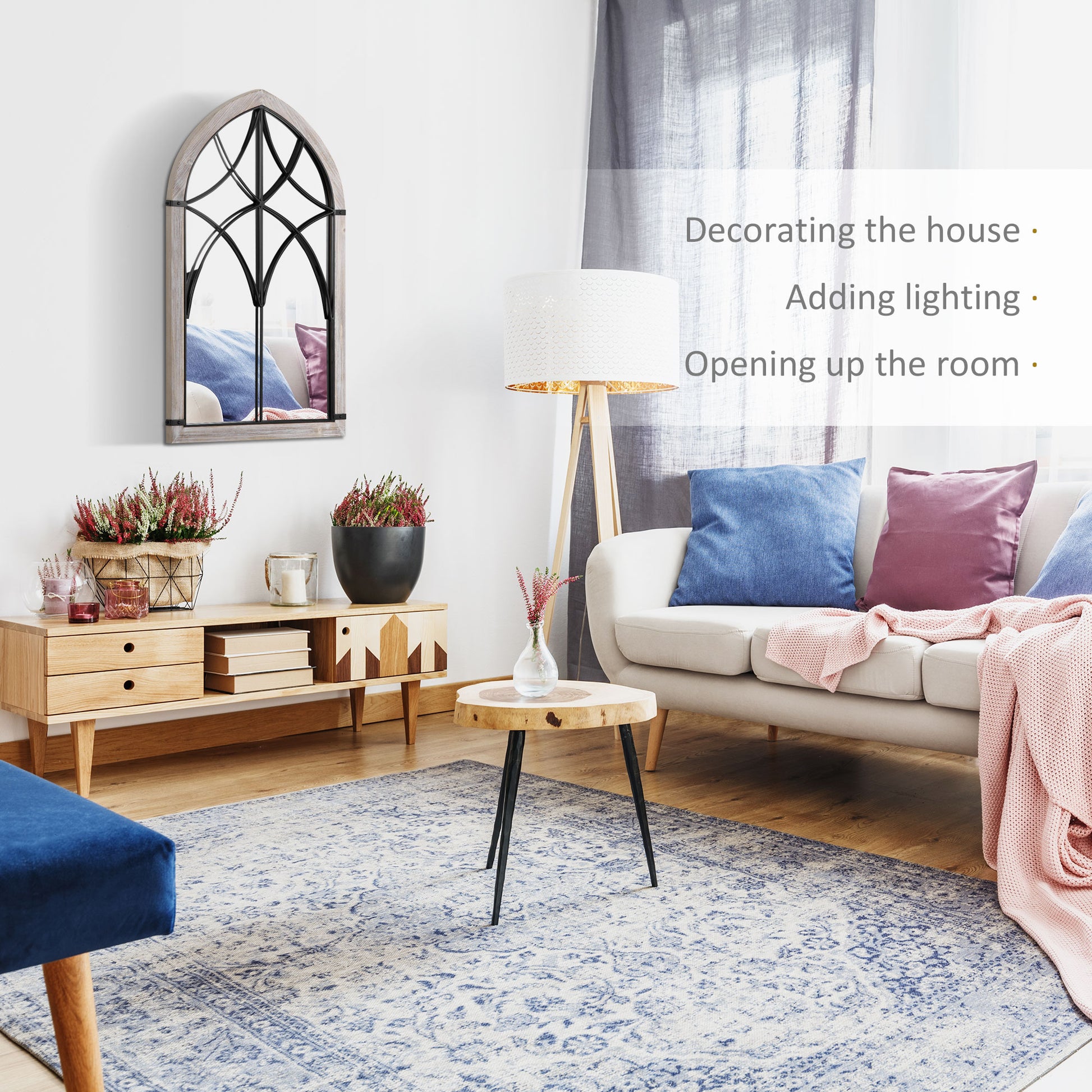 Homcom 36.5" X 23.5" Large Farmhouse Wall Mirror, Arch Window Mirror For Wall Decor In Living Room, Bedroom, Entryway, Rustic Wood Grain Multicolor Mdf