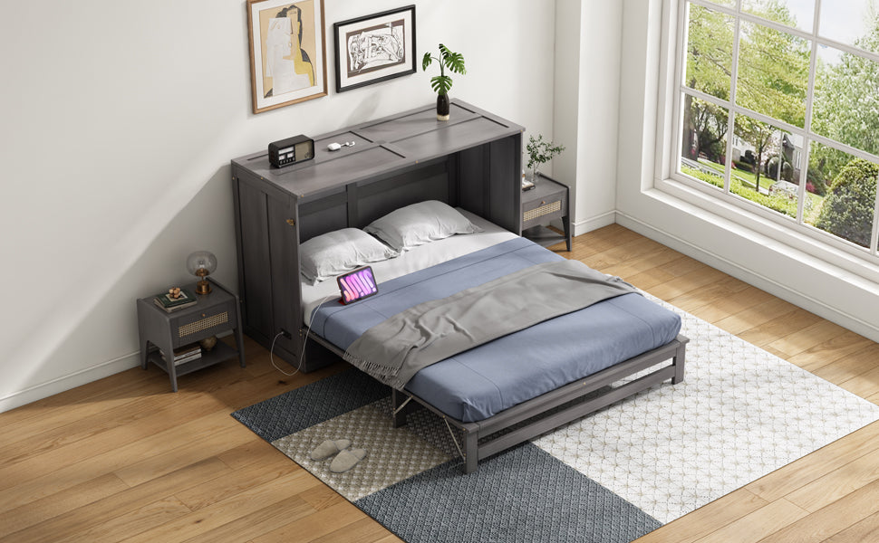 Queen Size Murphy Bed With Built In Charging Station, Antique Grey Box Spring Not Required Queen Antique Gray Wood Pine Wood