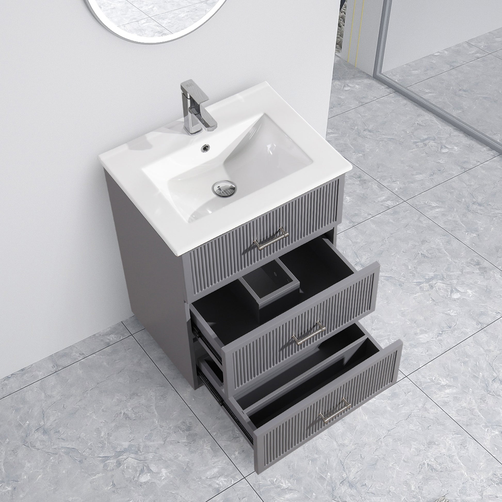 24 Inch Bathroom Vanity With Ceramic Sink Set, Modern Freestanding Bathroom Storage Cabinet With 2 Drawers, Floor Standing Bath Vanity Combo, Gray Grey Mdf