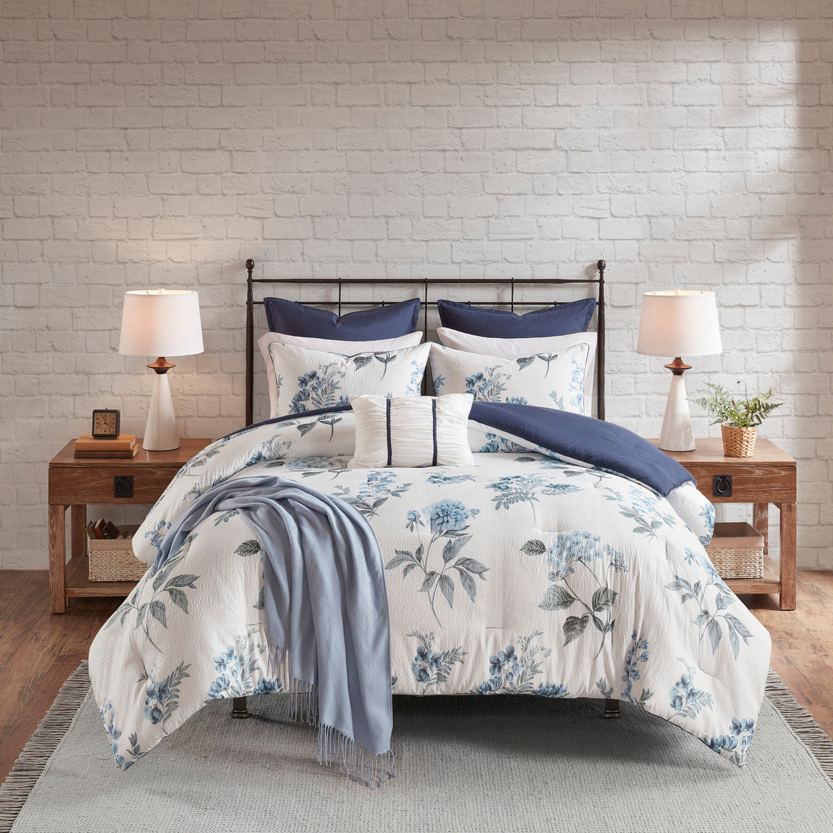 7 Piece Printed Seersucker Comforter Set With Throw Blanket Blue Full Queen Full Blue Microfiber