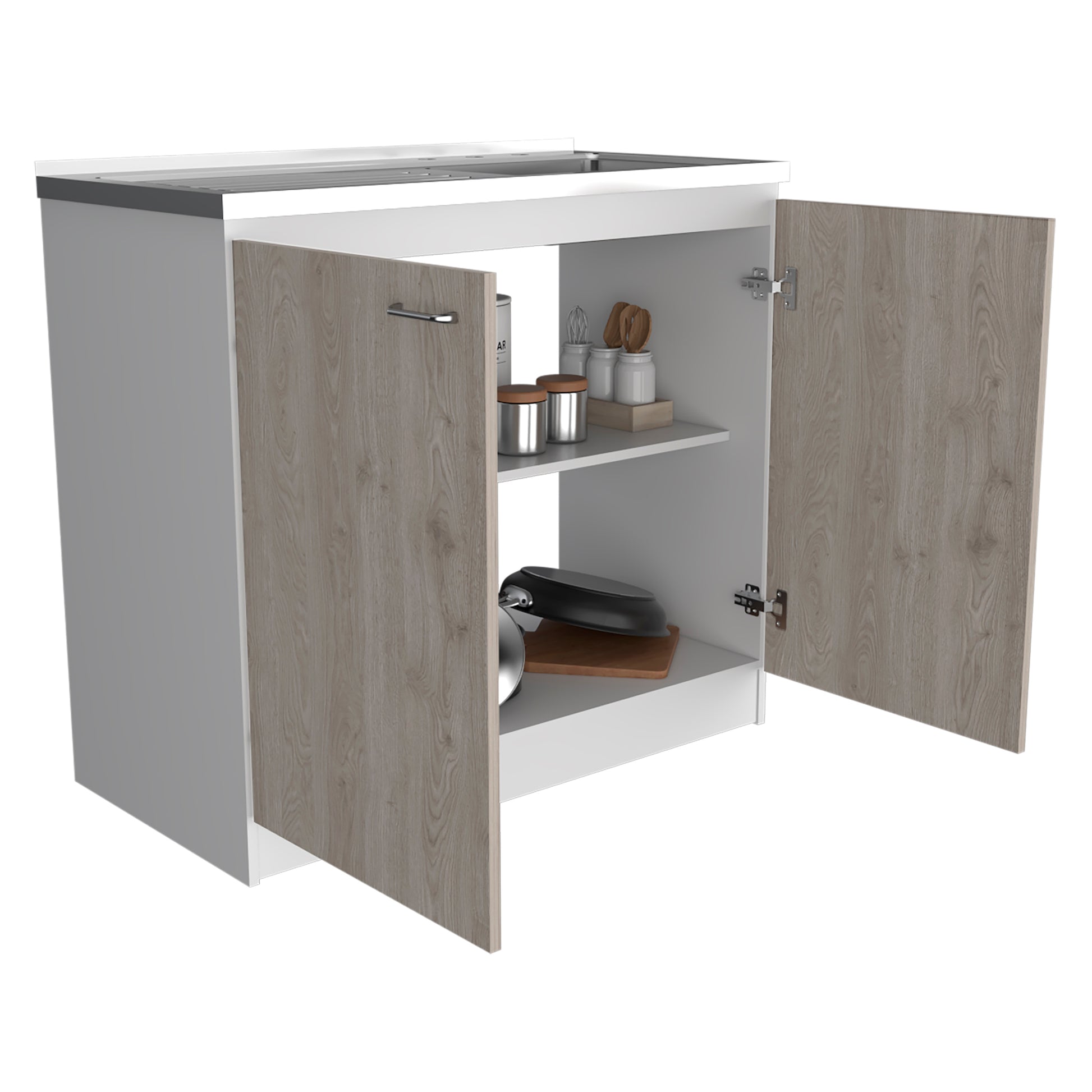 Freestanding Sink, Double Door Cabinet, Two Shelves, White Light Gray Multicolor Solid Wood Mdf Engineered Wood