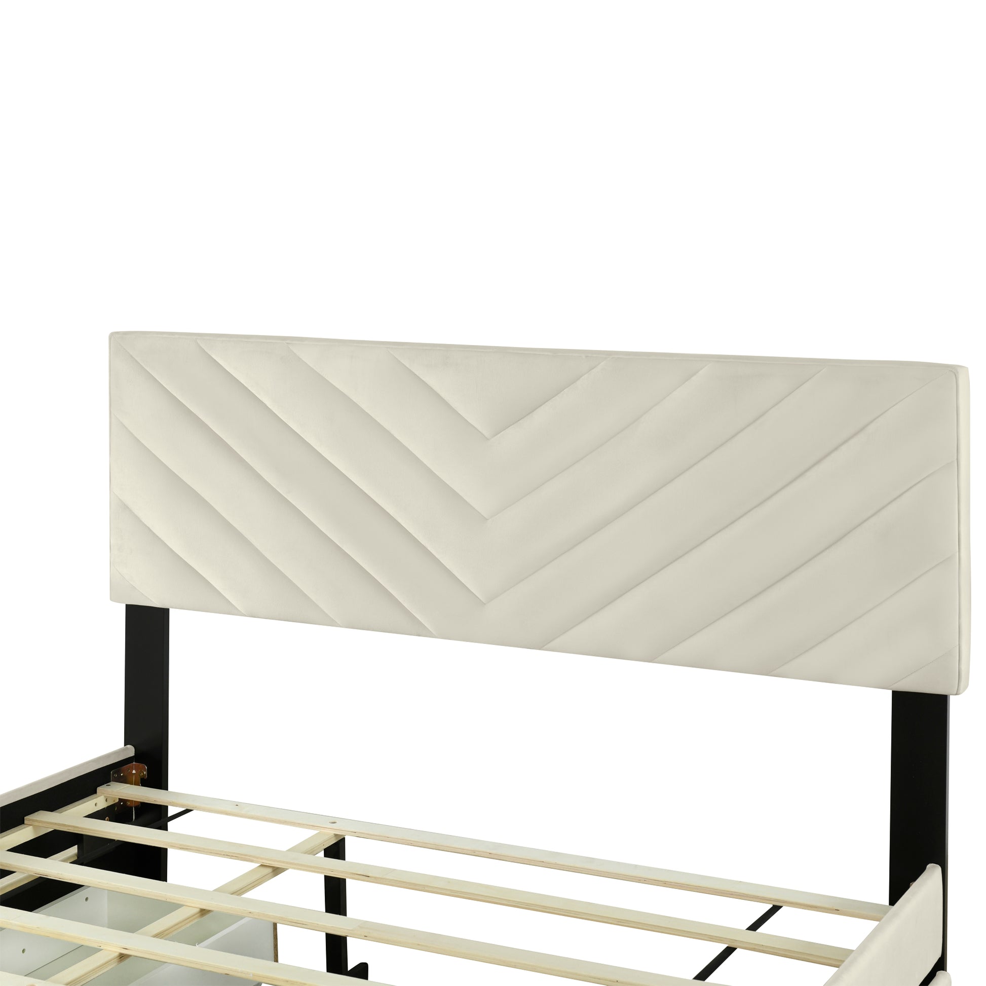 Queen Size Upholstered Platform Bed With Twill Headboard, Pullout Bed And Two Drawers, Flannel, Beige Queen Beige Mdf Lvl