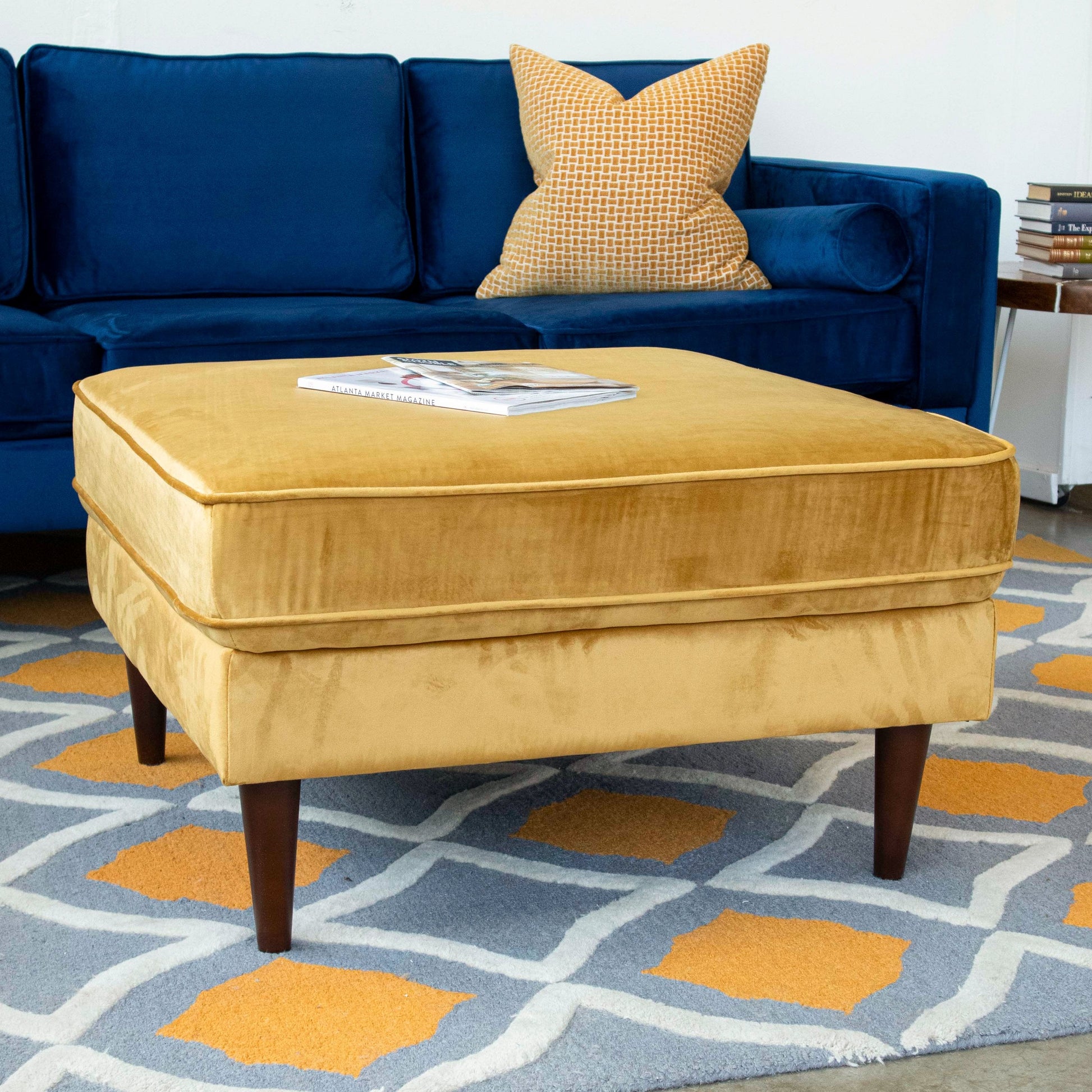 Amber Square Upholstered Ottoman Yellow Velvet Yellow Brown Velvet Medium Firm Backless Solid Yellow Mid Century Modern Square Armless Foam Solid Wood,Velvet