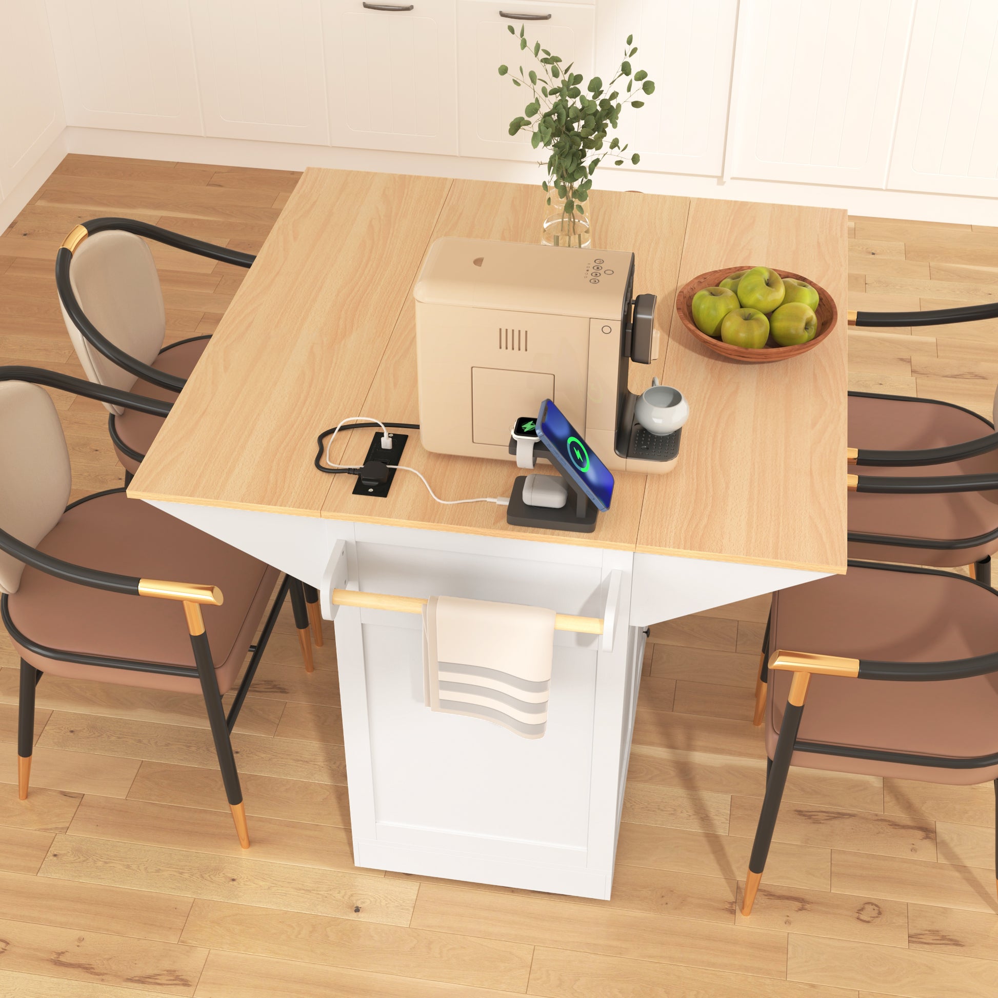 K&K 55.7'' Large Kitchen Island With 2 Drop Leaf, Rolling Kitchen Cart On 5 Wheels With Power Outlet, Folding Storage Dining Table With Spice & Towel Rack3 Drawers, For Kitchen, Dining Room,White White White Kitchen Classic,Farmhouse,Luxury,Modern