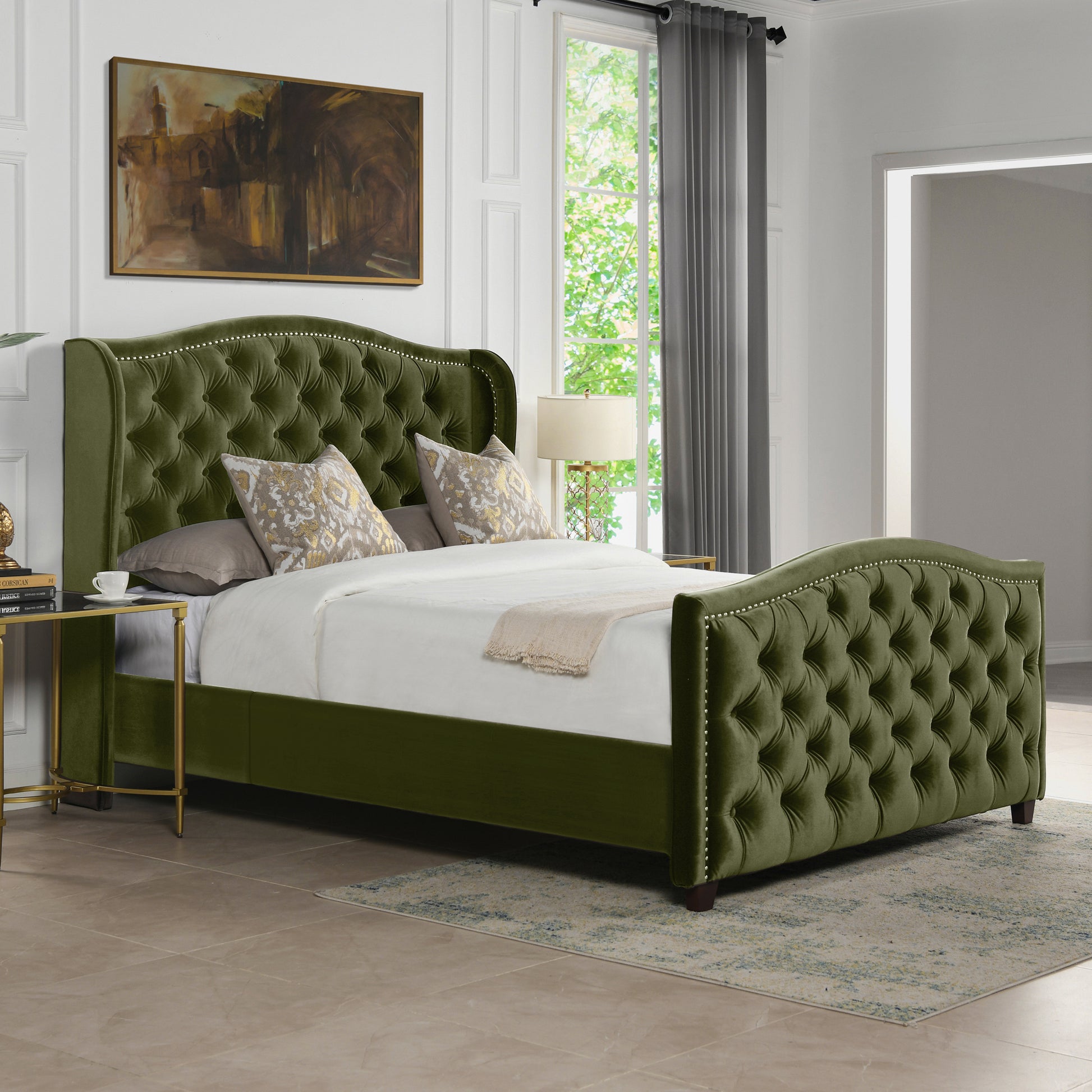 Marcella Upholstered Shelter Headboard Bed Set, Queen, Olive Green Performance Velvet Box Spring Required Queen Olive Green Wood Foam Velvet Velvet