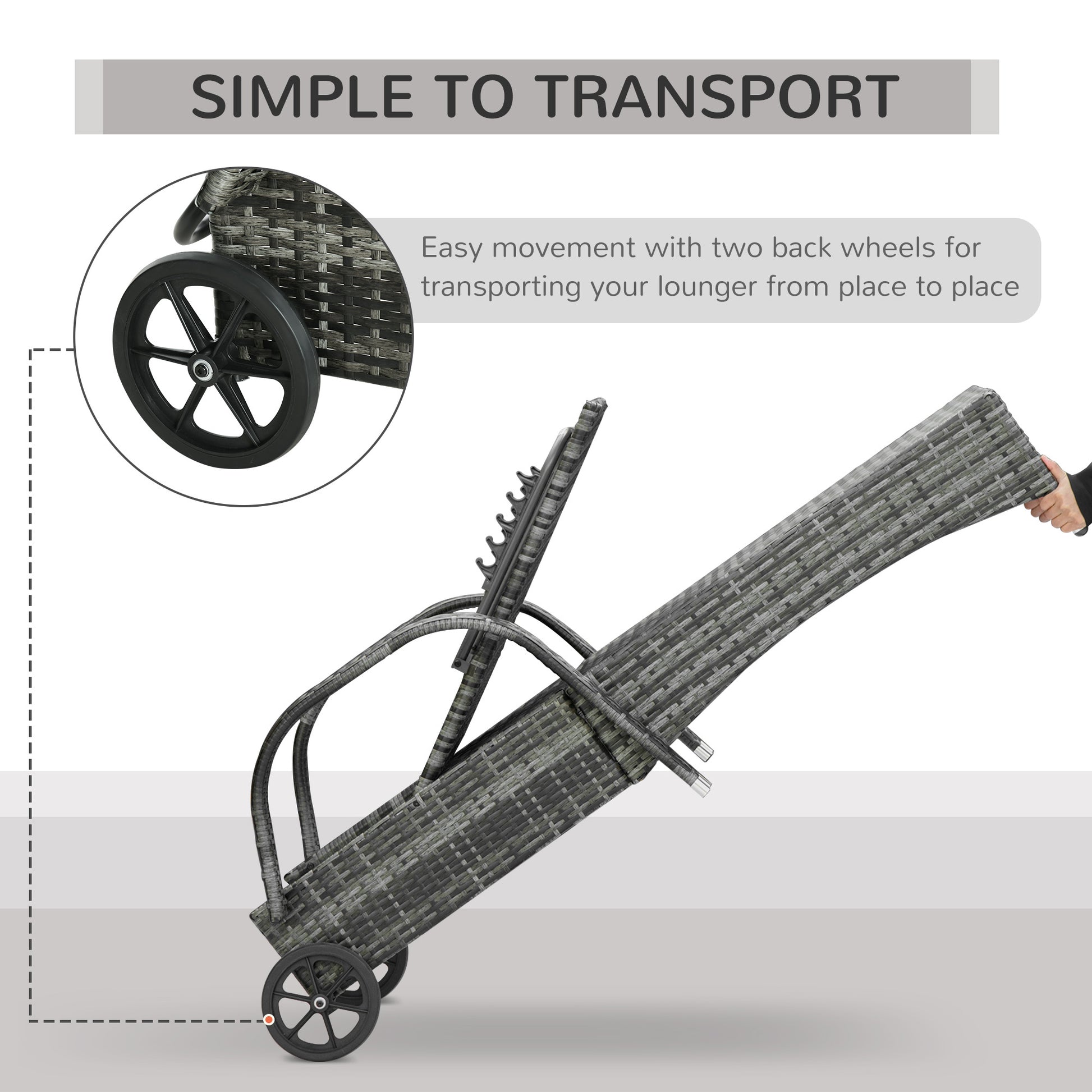 Outsunny Wicker Outdoor Chaise Lounge, 5 Level Adjustable Backrest Pe Rattan Pool Lounge Chair With Wheels, Cushion & Headrest, Mixed Gray And Charcoal Gray Gray Rattan Metal