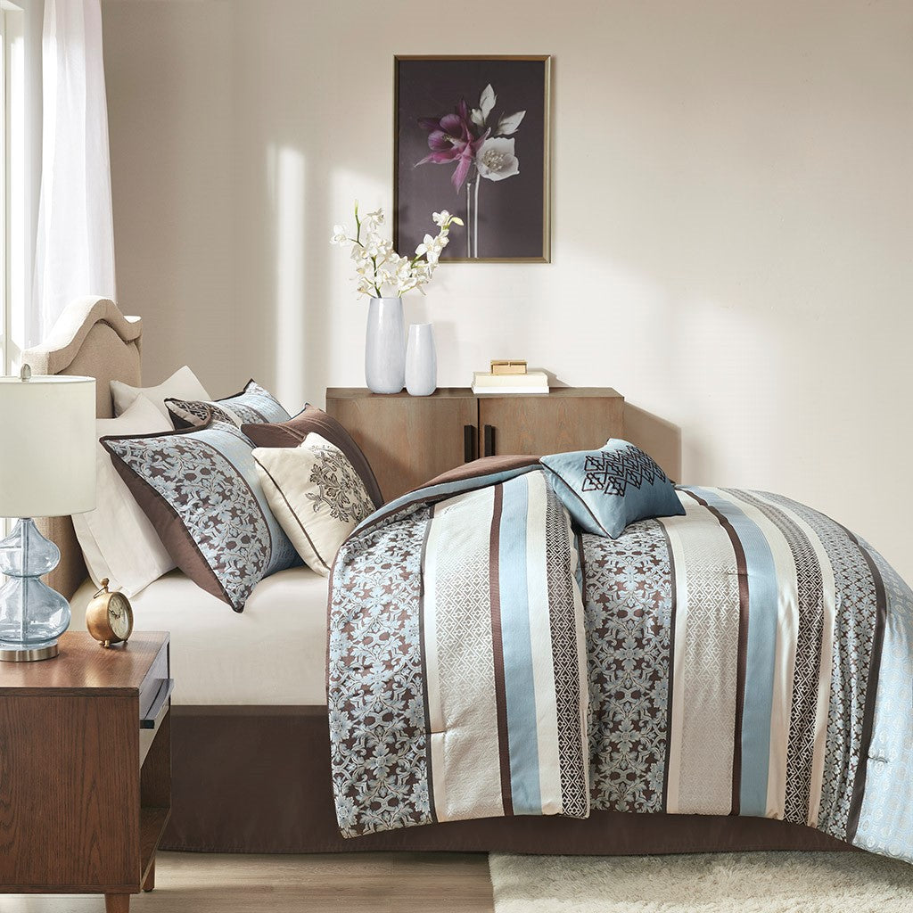 7 Piece Comforter Set Blue Queen Queen Blue Polyester