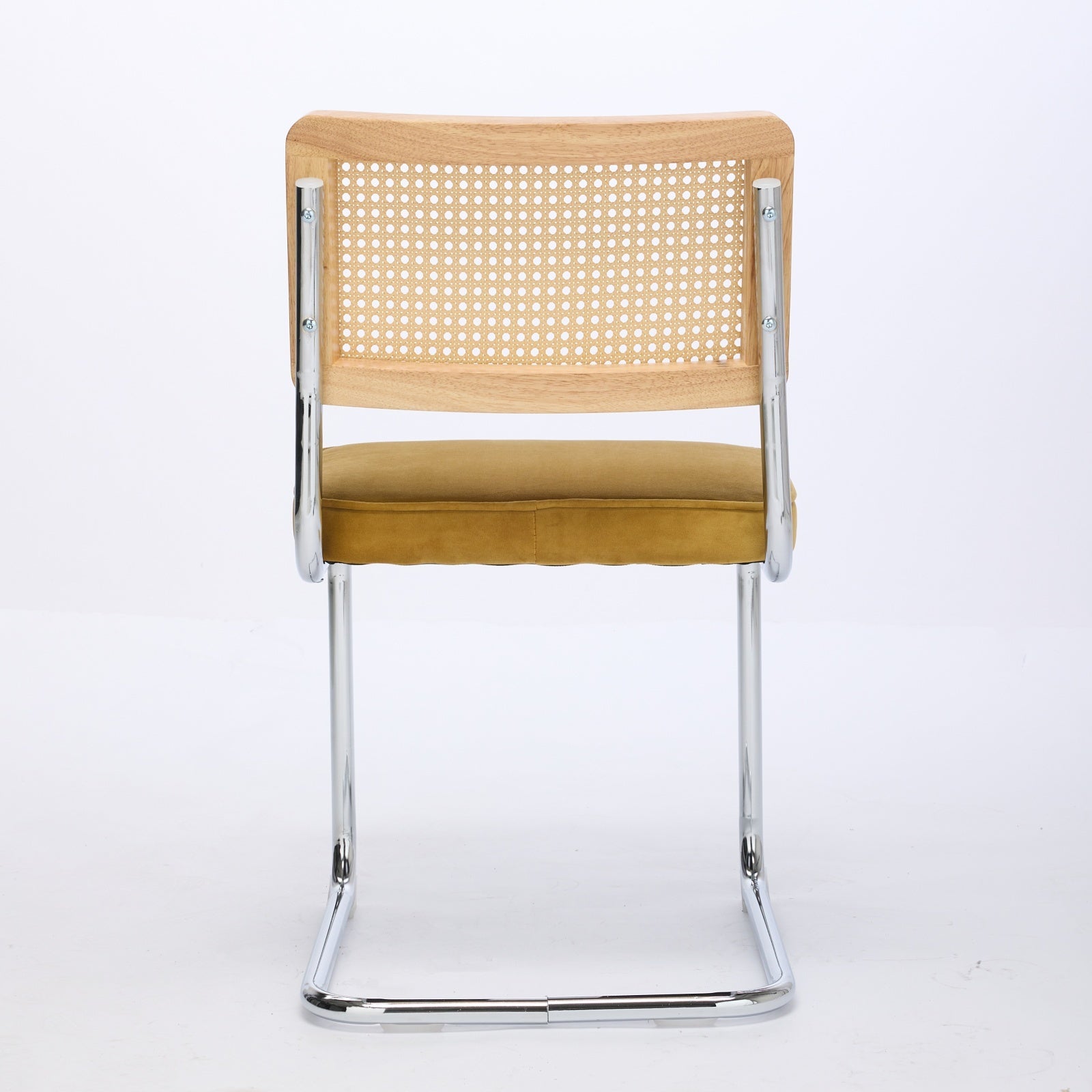 Mid Century Modern Dining Chairs Set Of 2, Velvet Accent Chairs With Natural Cane Back & Stainless Chrome Base, Famous Breuer Designed Chairs, Upholstered Rattan Kitchen Chairs,Golden Gold Dining Room Classic Dining Chairs Rubberwood Set Of 2 Foam Velvet