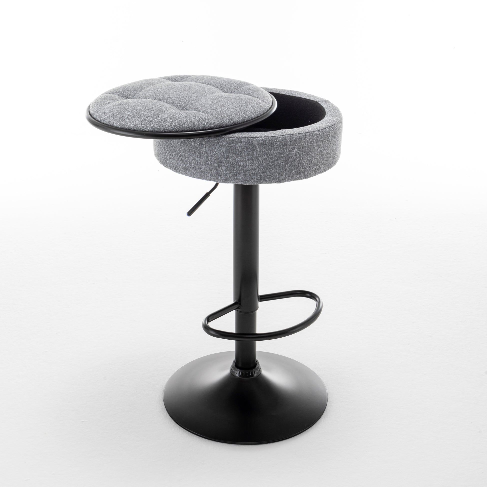 Round Storage Bar Stool Set Of 2, Grey Linen Height Adjustable Barstool, 360 Counter Height Swivel Stool, Armless Bar Chair With Metal Frame For Kitchen Counter Dining Living Room Grey Set Of 2 Foam Linen