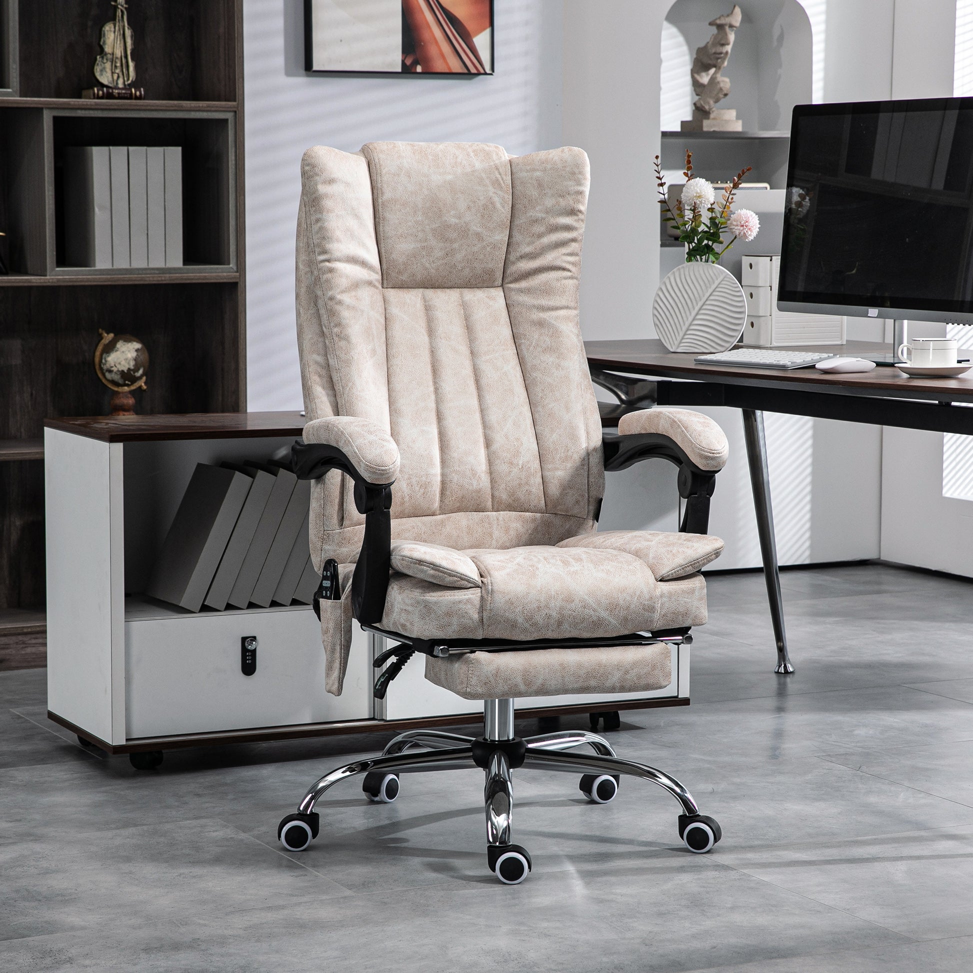 Vinsetto Microfiber Office Chair, High Back Computer Chair With 6 Point Massage, Heat, Adjustable Height And Retractable Footrest, Cream White Cream White Polyester