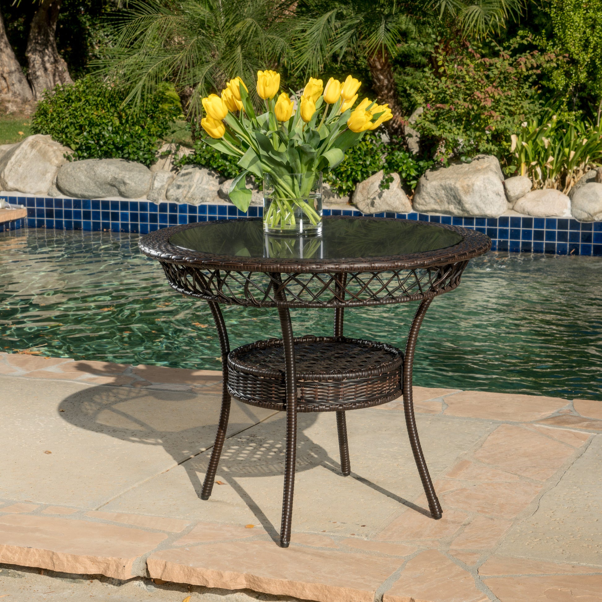 Figi Pe 34In Glass Table Kd Brown Multi Iron