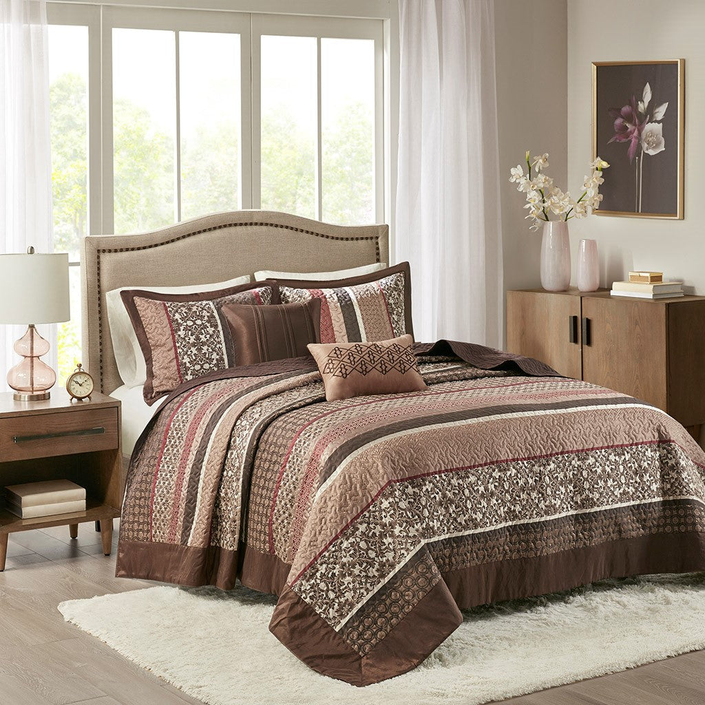 5 Piece Jacquard Quilt Set With Throw Pillows Red Full Queen Full Red Cotton