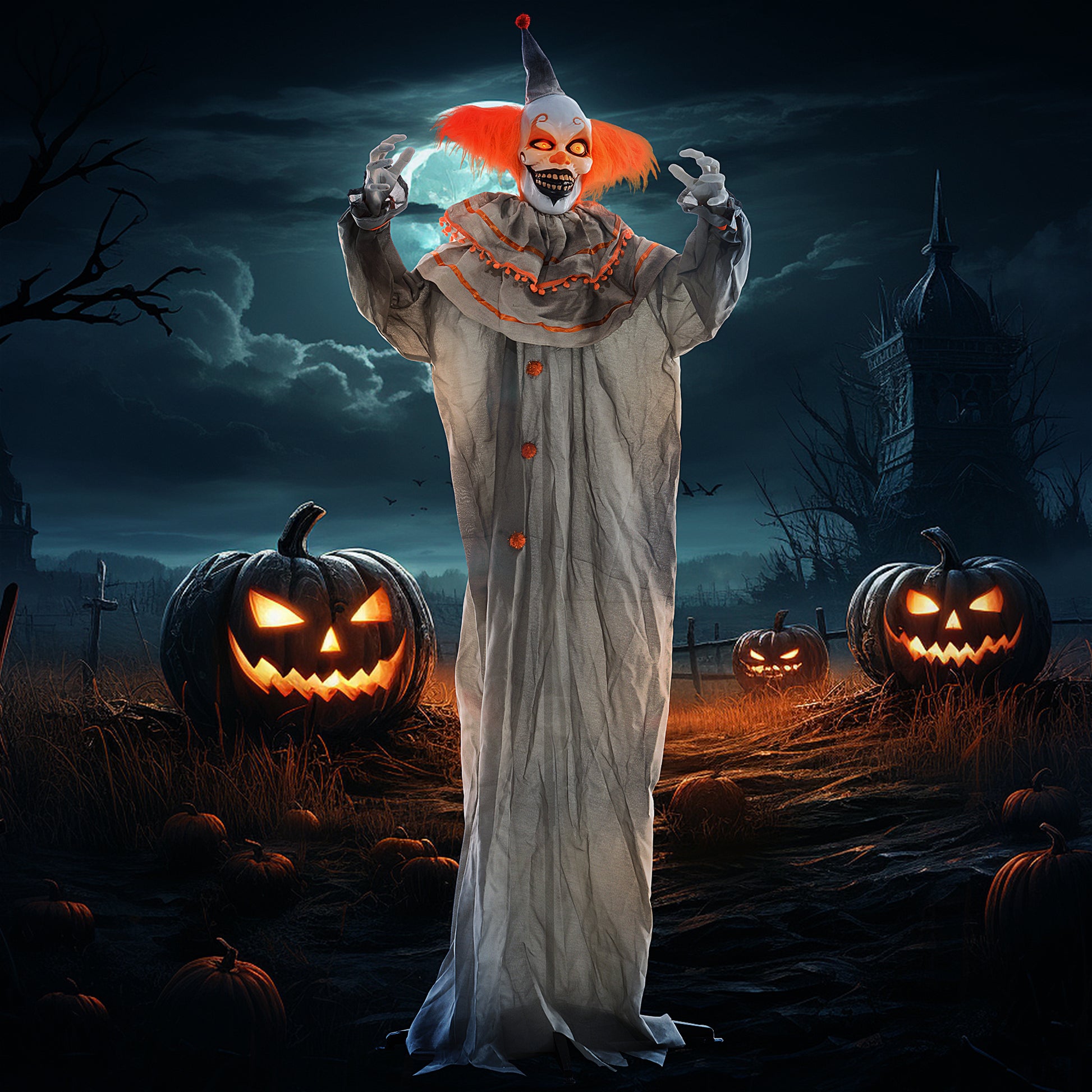 Homcom 6' Life Size Outdoor Halloween Decoration, Animatronic Orange Haired Classic Clown, Sound And Motion Activated Animated Prop W Light Up Eyes, Laughing Sound & Bendable Arms Orange Polyester