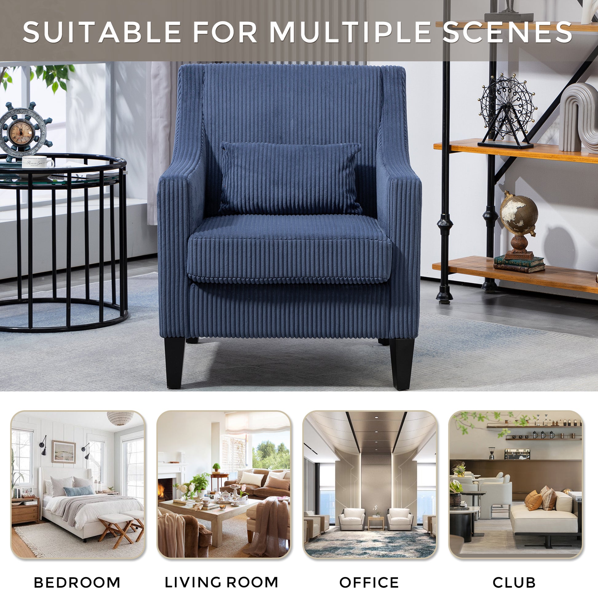 Coolmore Modern Accent Chair,Upholstered Armchair With Scooped Arms For Bedroom,Apartment,Studio,Office,Waiting Room Blue Corduroy Blue Primary Living Space Foam Corduroy