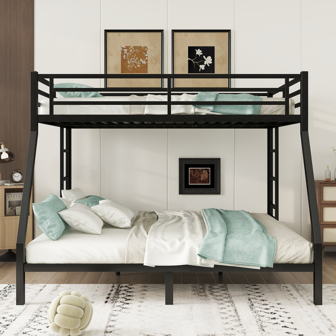 Metal Queen Over King Bunk Bed For Teens And Adults,Space Saving Noise Reduced No Box Spring Needed, Black Black Metal
