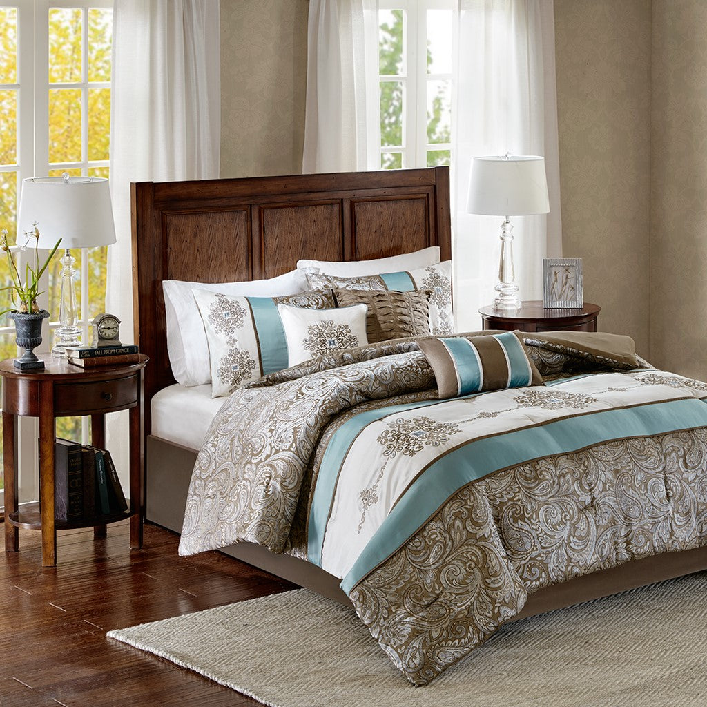 Jacquard 7 Piece Comforter Set Blue King King Blue Polyester