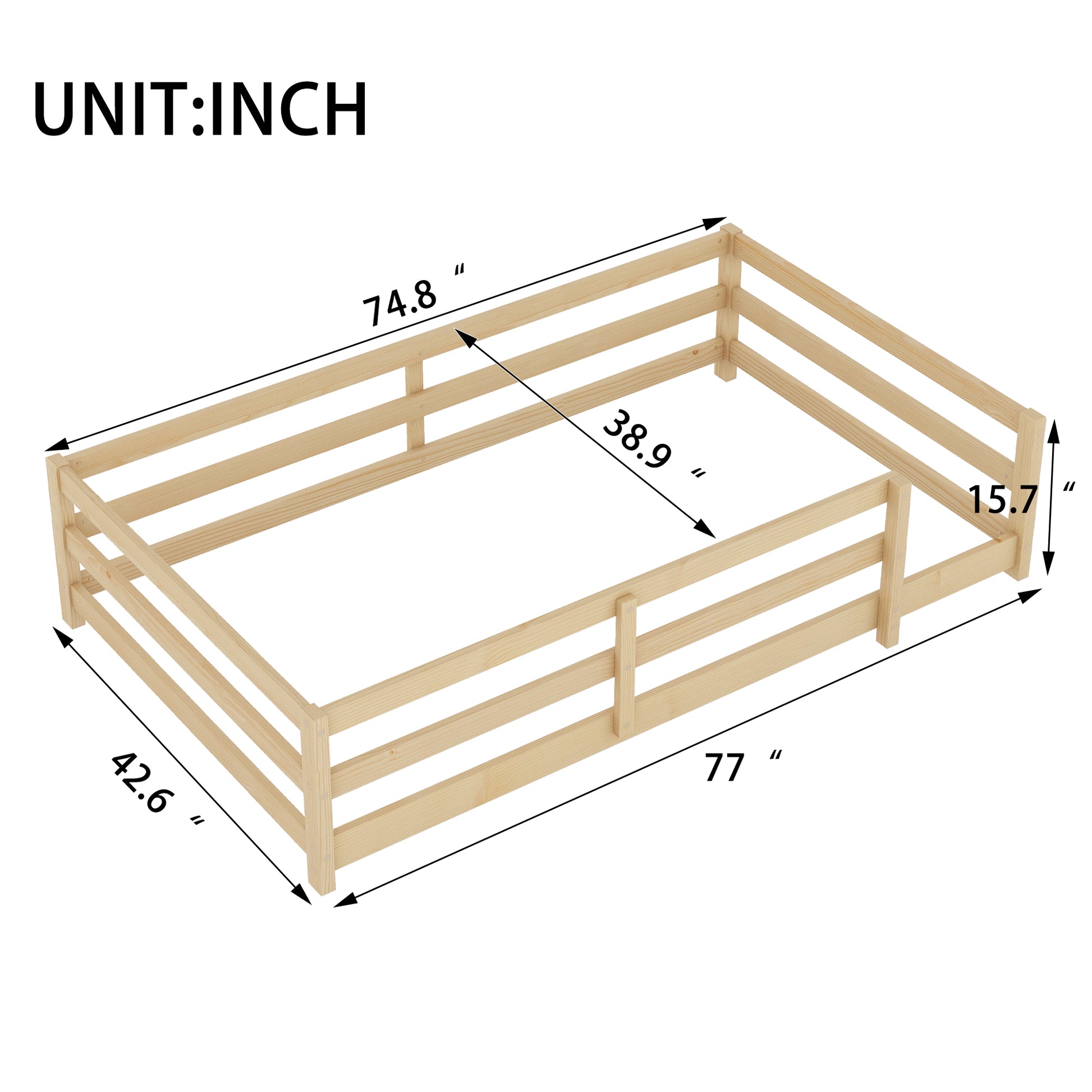 Twin Size Floor Bed, Montessori Floor Bed With Fence, Kids Montessori Bed Twin Size, Wood Montessori Floor Bed For Kids, Girls, Boys Natural Natural Wood Metal
