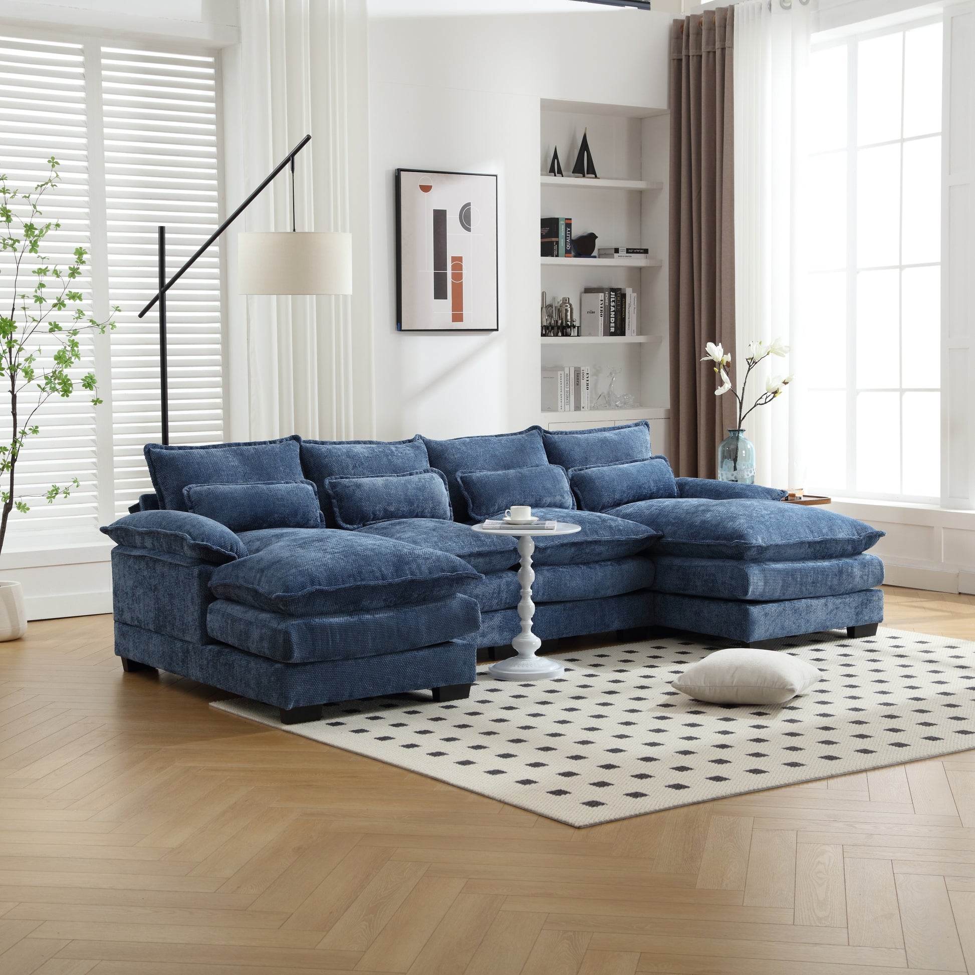 United We Win Modern Large Chenille Fabric U Shape Sectional Sofa Navy Chenille