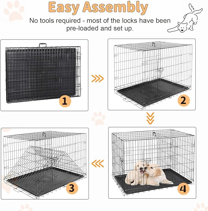 36 Inch Folding Metal Wire Dog Crate, Durable, Foldable, Collapsible Double Door Dog Crate With Removable Leak Proof Pan, Portable Dogs Crate With Divider, Black Black Iron