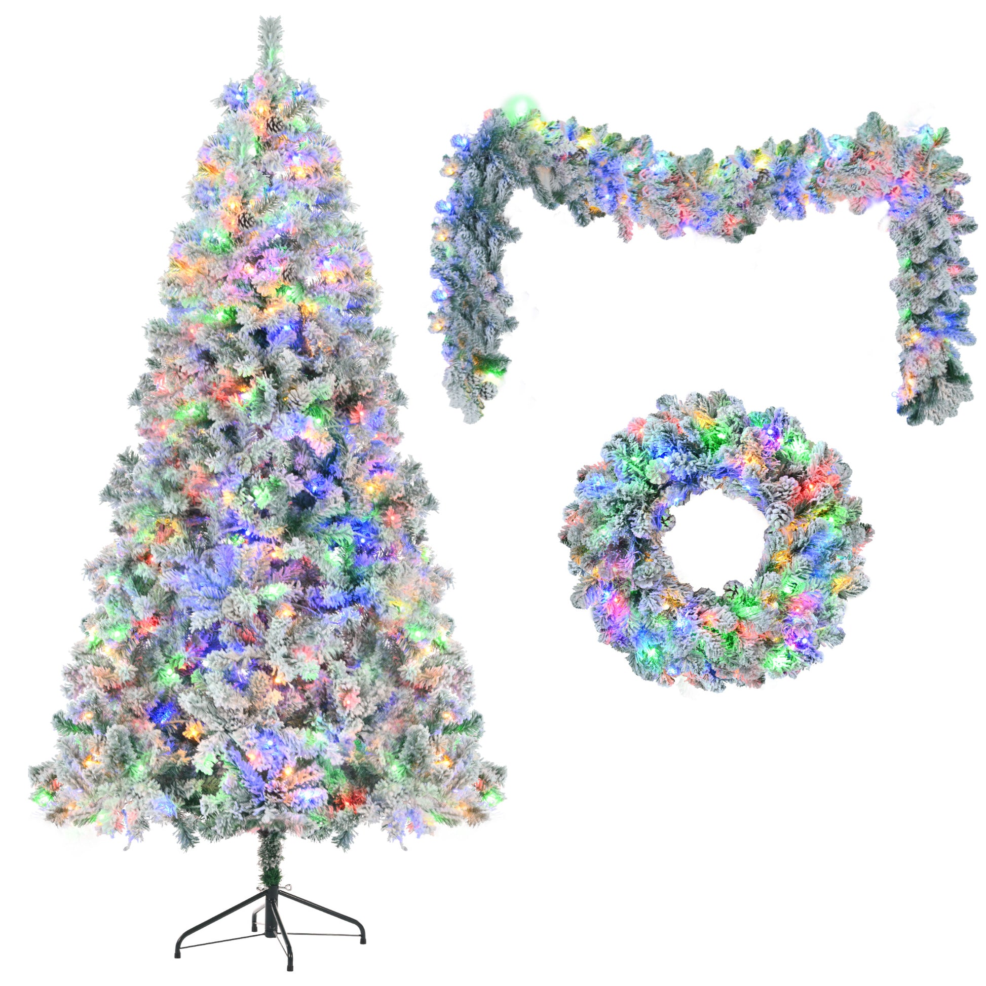 6Ft Snow Flocked Christmas Tree, Pre Lit Set With Tree & Garland & Wreath, Artificial Hinged Xmas Tree With Colorful Led Lights, 8 Lighting Modes, Pine Cones, Holiday D Cor For Home White Green Pvc