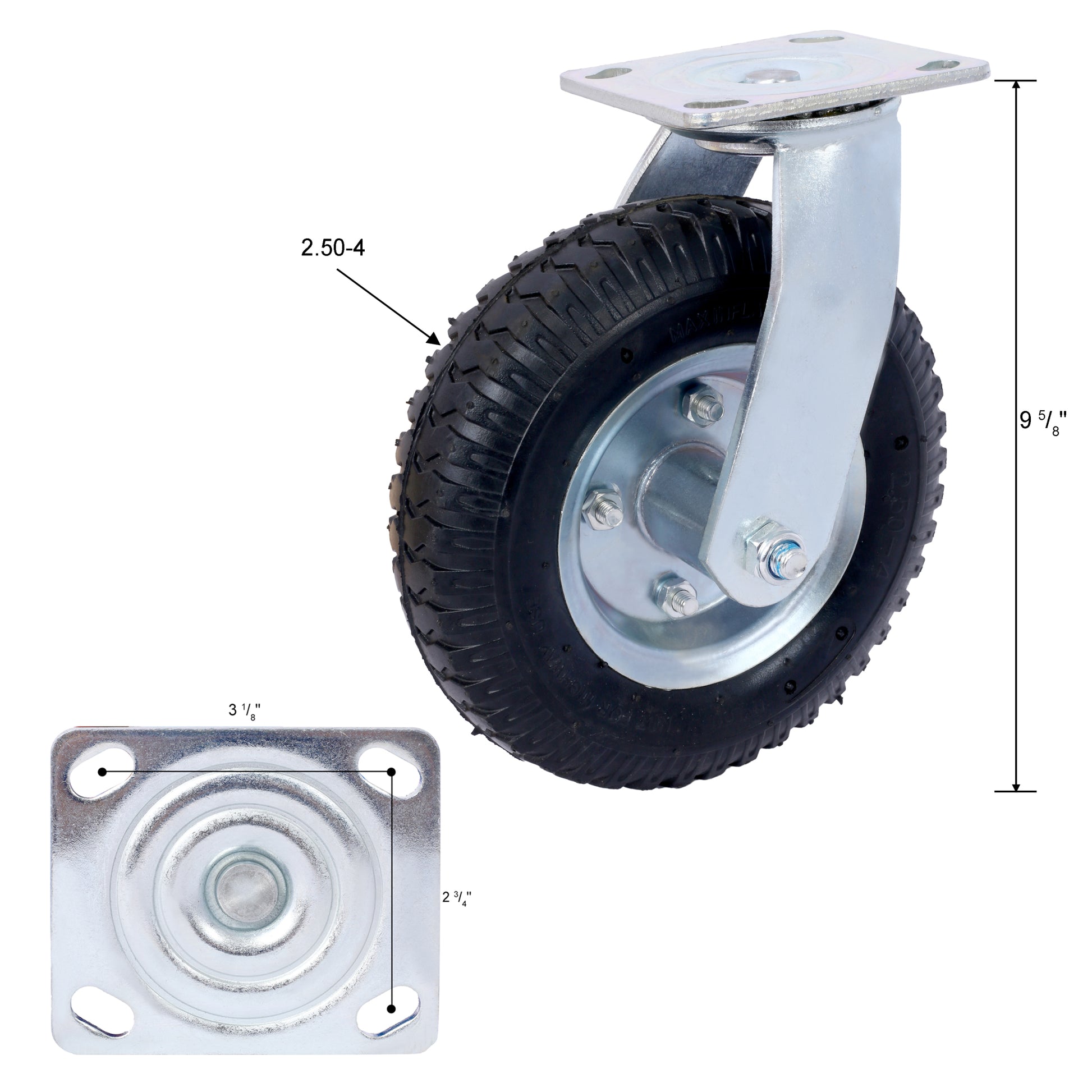 2Pcs 8In Caster Pneumatic Tire Swivel, Caster Wheel, Swivel Plate, Steel Hub With Ball Bearings, 5 8 Inch Bore Centered Axle Black Black Rubber