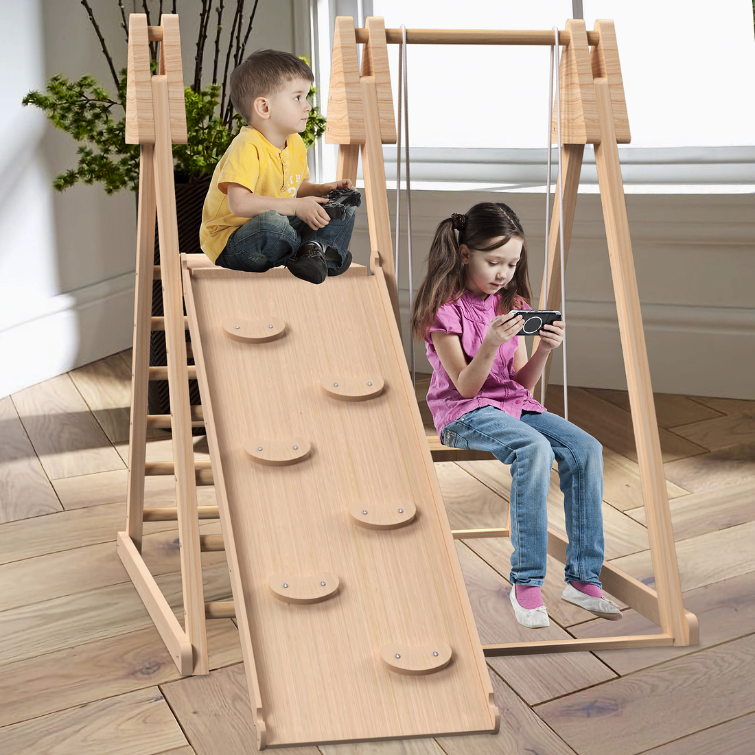 4 In 1 Juniper Indoor Play Gym Jungle Gym Playset With Baby Swing, Slide, Ladder, And Climbing Wall Foldable Wooden Playset Indoor Jungle Gym For Kids Natural Wood Pine