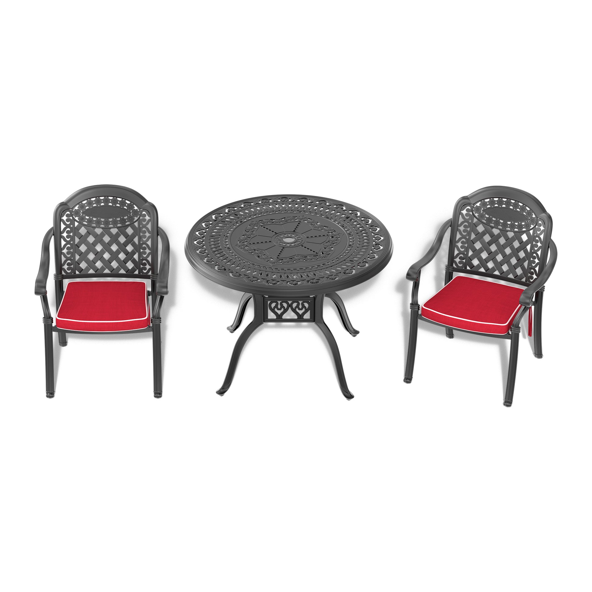 Cushions In Random Colors 3 Piece Set Of Cast Aluminum Patio Furniture With Cushions Yes Dining Set Black Seats 2 Rust Resistant Frame Water Resistant Cushion Garden & Outdoor Aluminium