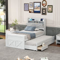 Twin Size Wooden Bed With Storage Headboard With Outlets, Extendable Bed With Twin Size Trundle With Three Storage Drawers,White Twin White Wood