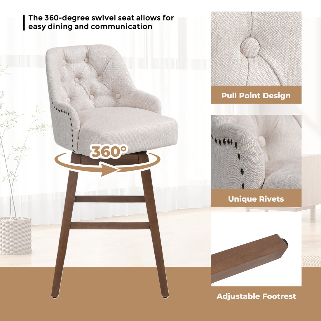 Coolmore Bar Stools Set Of 2 Counter Height Chairs With Footrest For Kitchen, Dining Room And 360 Degree Solid Wood Legs Swivel Bar Stools Set Of 2 Beige Linen Beige Foam Linen