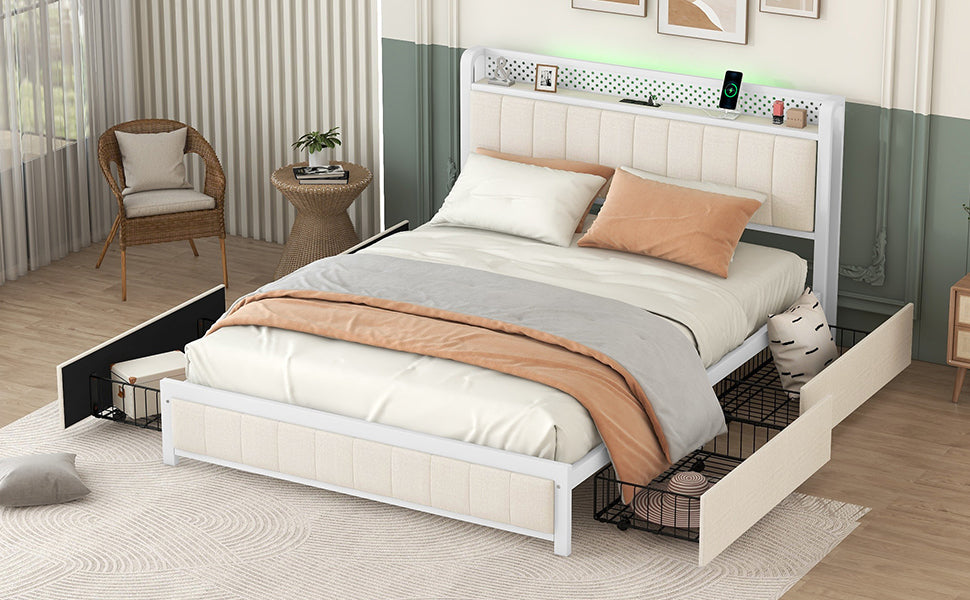 Queen Bed Frame With Led Headboard, Upholstered Bed With 4 Storage Drawers And Usb Ports, Beige Queen Beige Linen