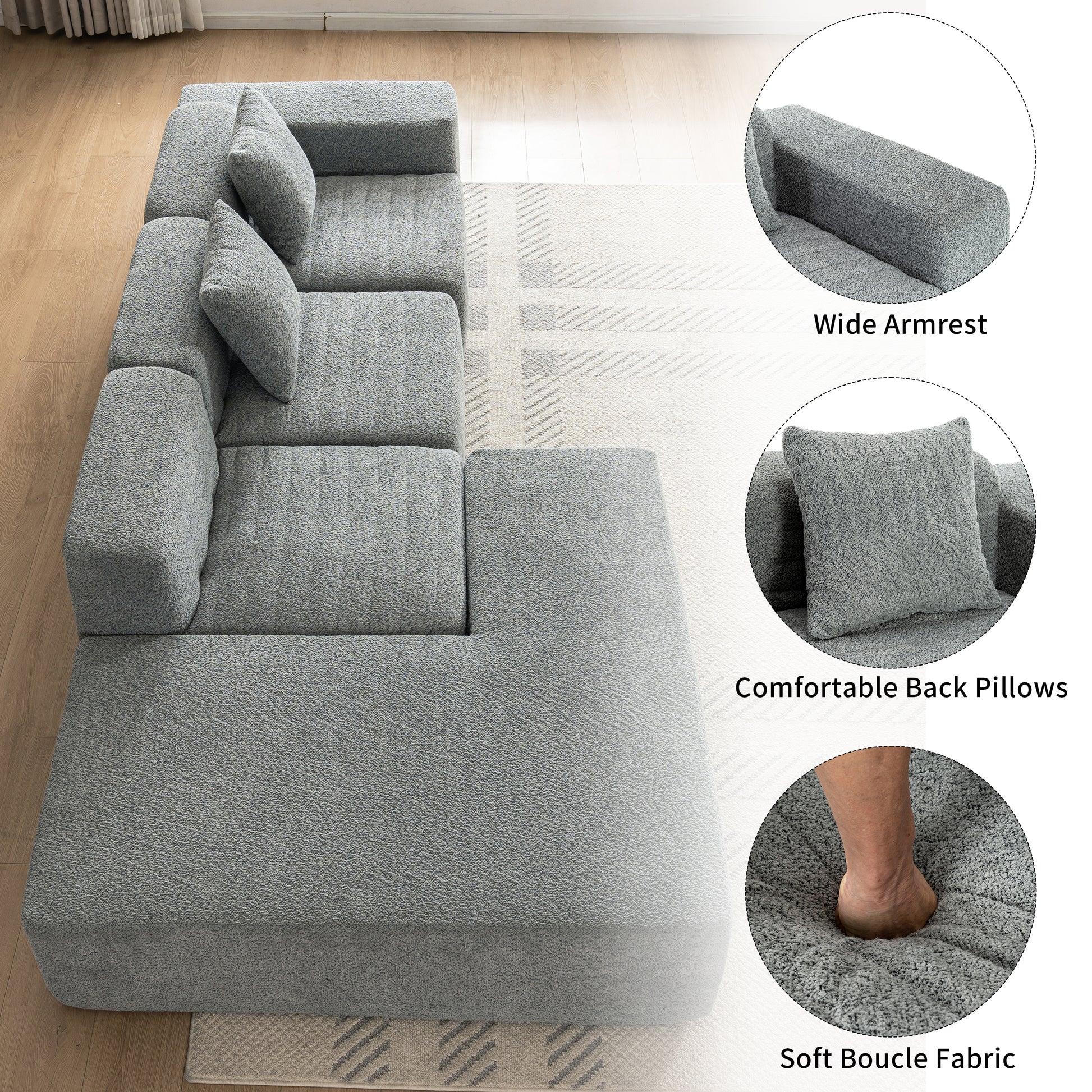 116.5" Sectional Sofa Full Compressed Sofa Couch Free Combined Sofa For Living Room, Grey Grey Foam Polyester 4 Seat