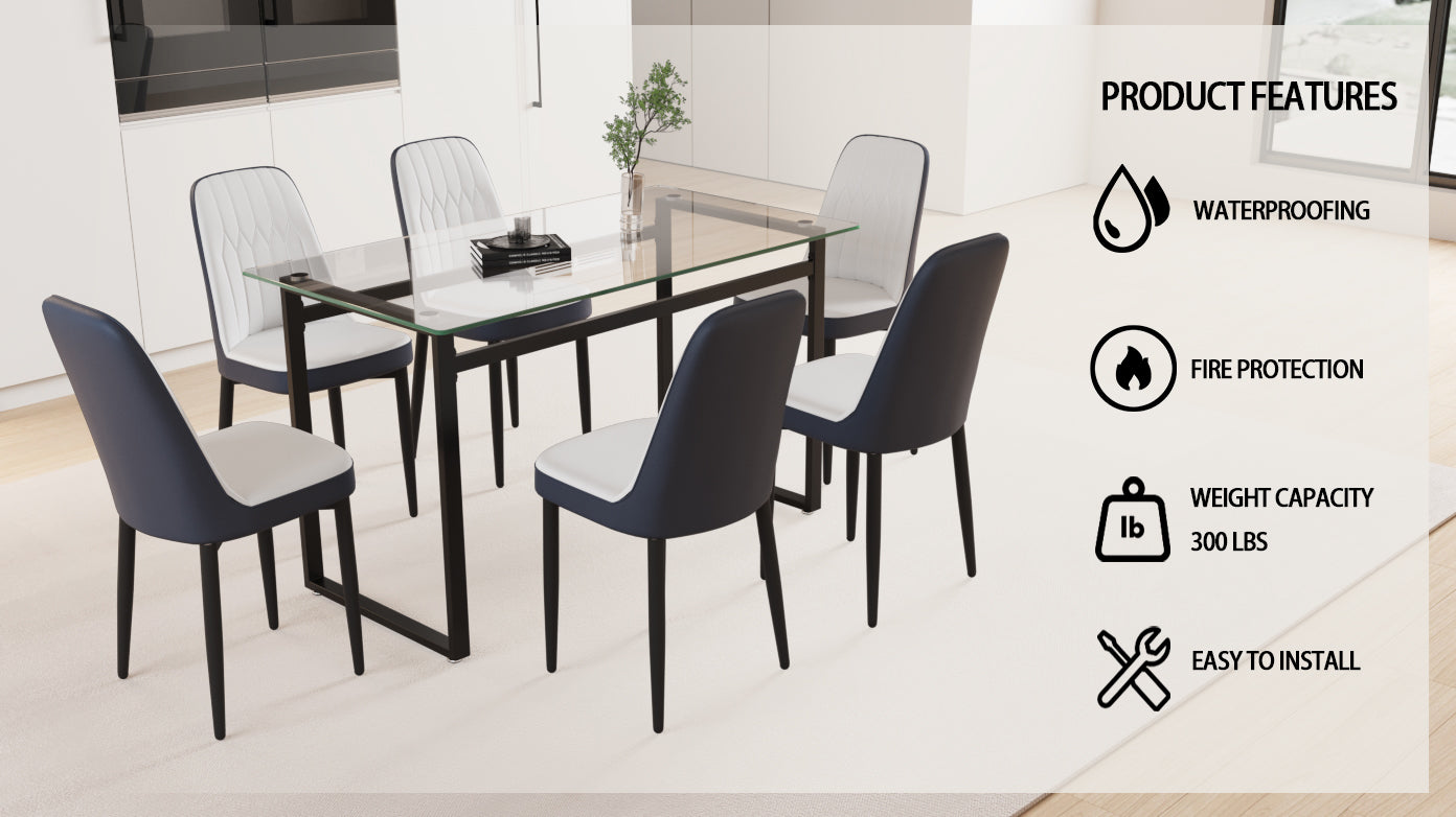 51" 6 Person Glass Dining Table Set, Kitchen Set With Black Metal Leg Dining Table And Chairs, Modern Rectangular Tempered Glass Tabletop And Dining Room Thick Cushioned Pu Dining Chair Black Gray