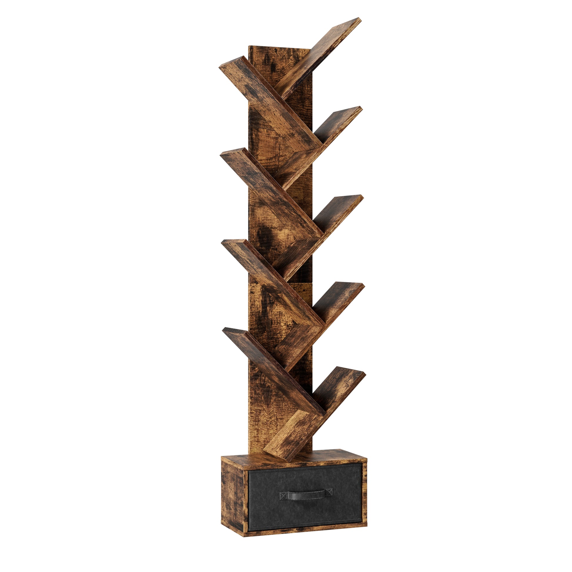 9 Tier Tree Bookshelf With Drawer Bookcase, Modern Book Storage, Free Standing Tree Bookcase, Utility Organizer Shelves For Home Office, Living Room, Bedroom, Rustic Brown Deep Rustic Brown Metal