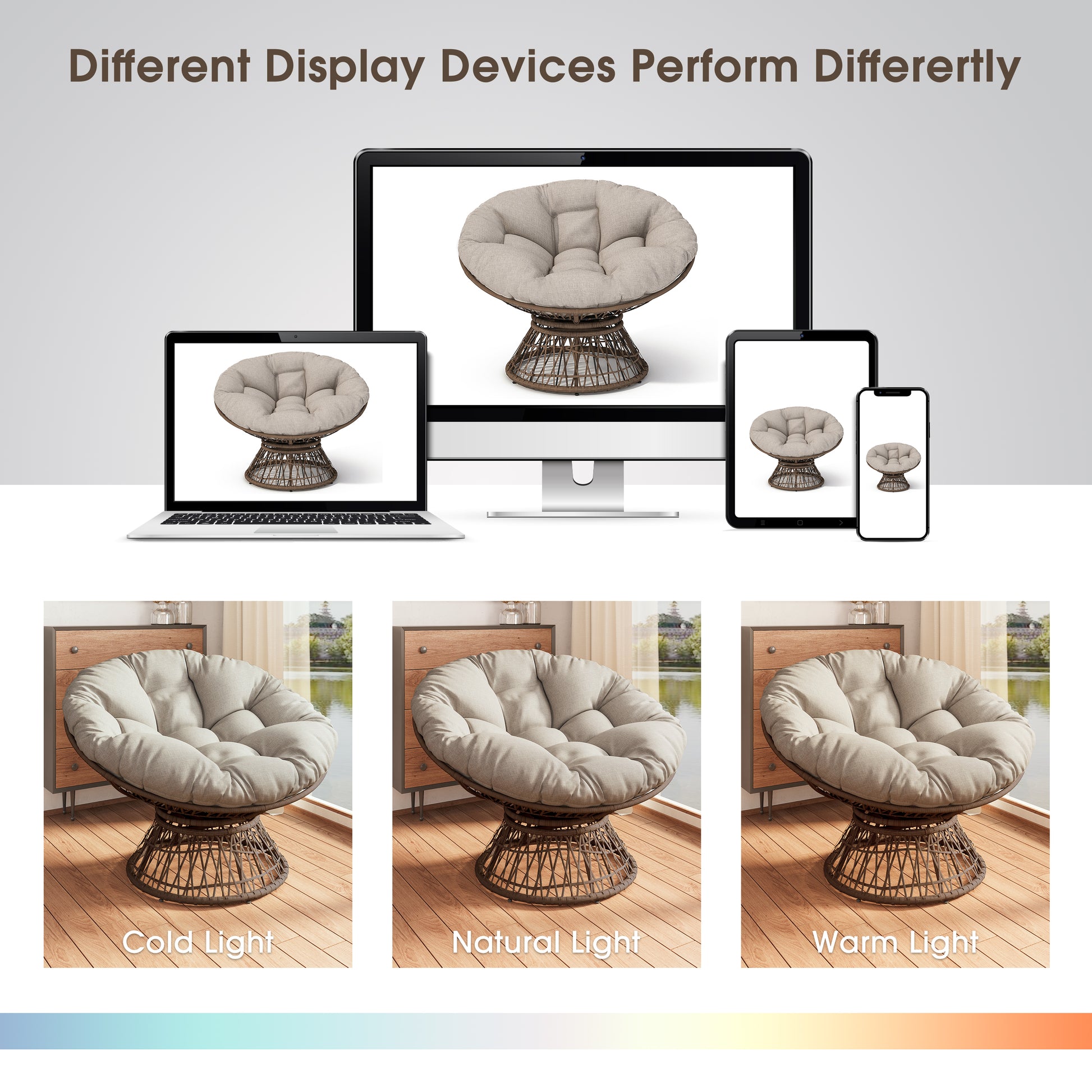 41.5" Ergonomic Wicker Chair With Cloud Thick Density Fabric Cushion,3 Proof Cover,High Capacity Iron Frame,Fluid 360 Degree Swivel For Reading,Living Room, Bedroom,Lounge,Brown Base,2 Colors