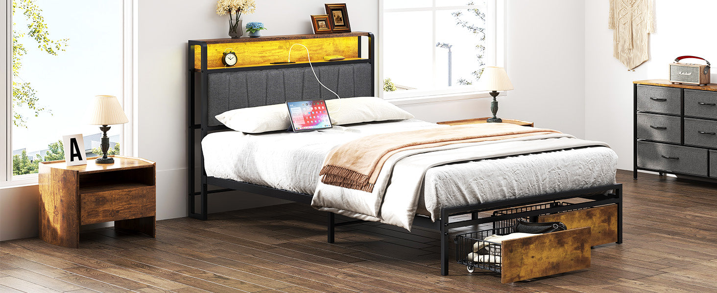 Twin Size Bed Frame Upholstered Platform Bed Frame With Storage Drawers, Usb Ports, Led Lights, Upholstered Wingback Headboard, Rustic Brown Box Spring Not Required Twin Antique Black Metal Brown