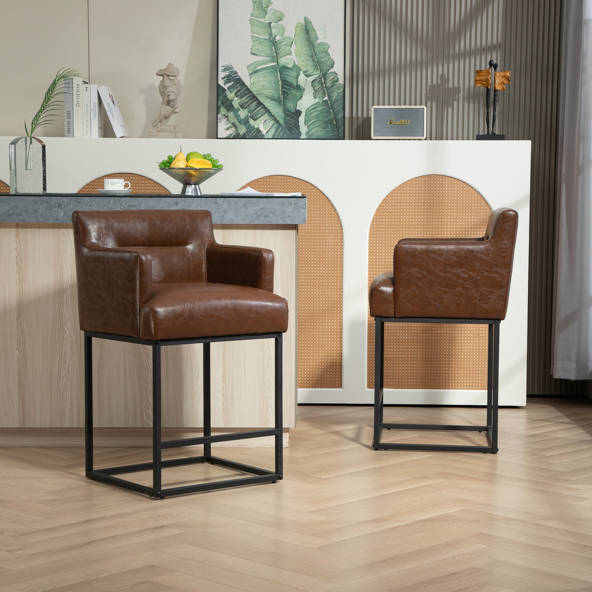 Coolmore Counter Height Bar Stools Set Of 2, Modern Square Bar Stool With Back, Black Metal Frames, Upholstered Bar Stools For Kitchen Island, Pub, Club Brown Pu Brown Pu Primary Living Space Foam Pu