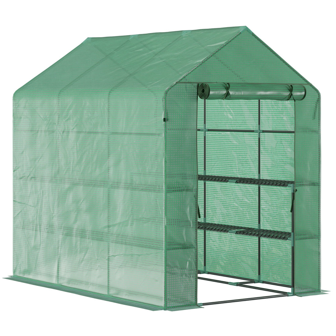 Outsunny 7' X 5' X 6.5' Walk In Greenhouse, Pe Cover, 3 Tier Shelves, Steel Frame Hot House, Roll Up Zipper Door For Flowers, Vegetables, Saplings, Tropical Plants, Green Green Steel