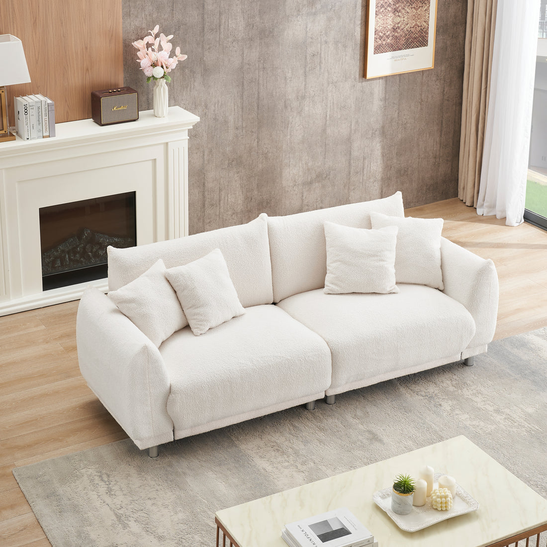 The 86.6 Inch Teddy Wool Beige Sofa With Four Throw Pillows And Hardware Feet Can Sit Comfortably In An Apartment Bedroom Without Taking Up Space Beige Fabric 2 Seat