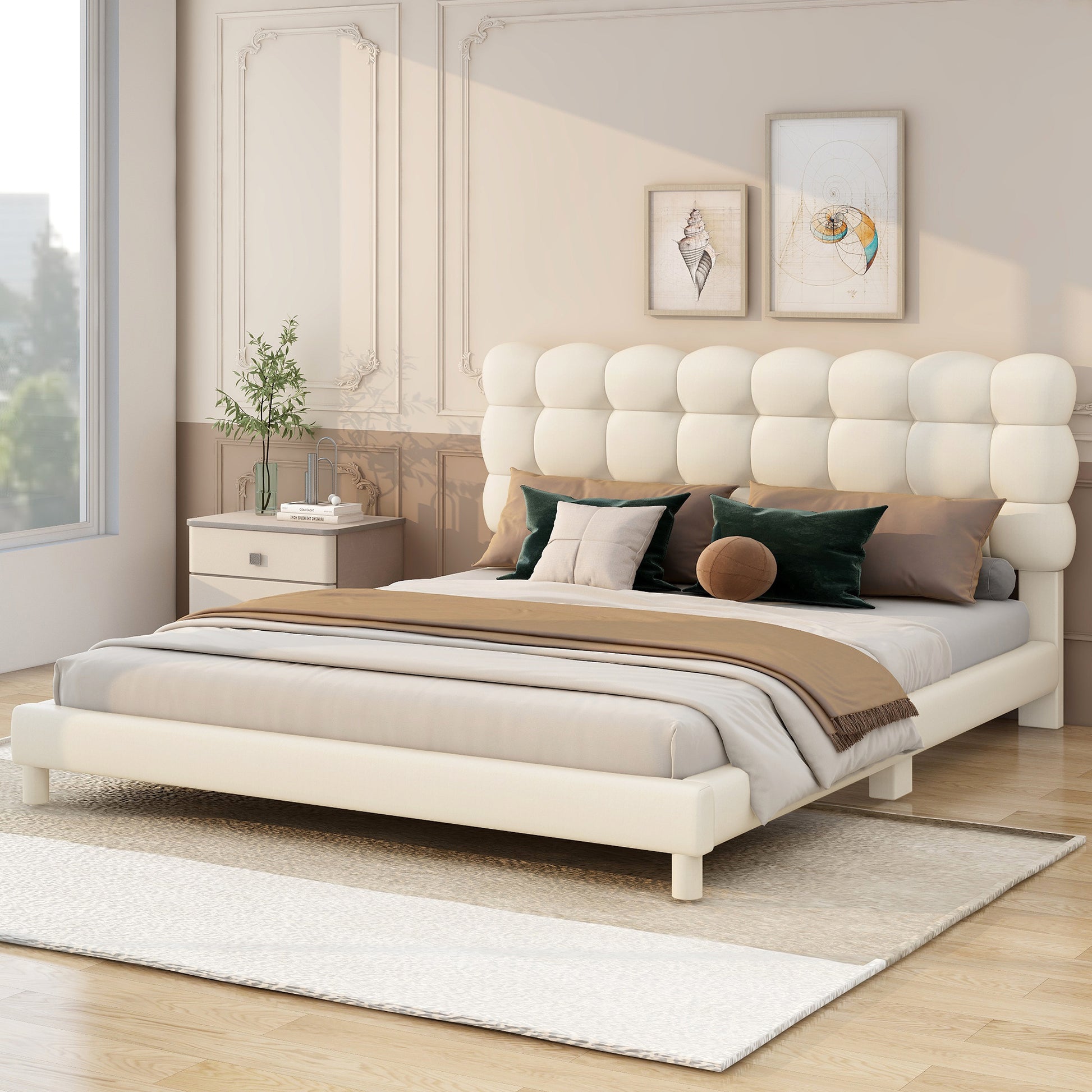 Full Size Upholstered Platform Bed With Soft Headboard,Beige Full Beige Upholstered