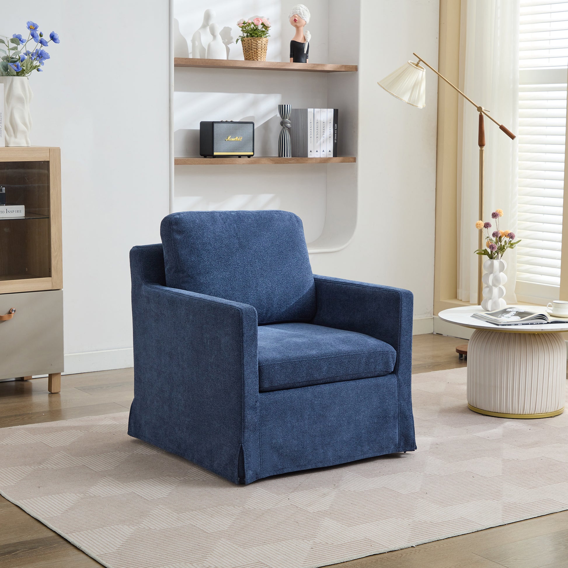 29.92'' Swivel Accent Chair, Upholstered Skirted Swivel Chair With Removable Back Cushion, 360 Degree Comfy Armchair For Living Room, Nursery, Lounge,Office,Navy Chenille Navy Chenille