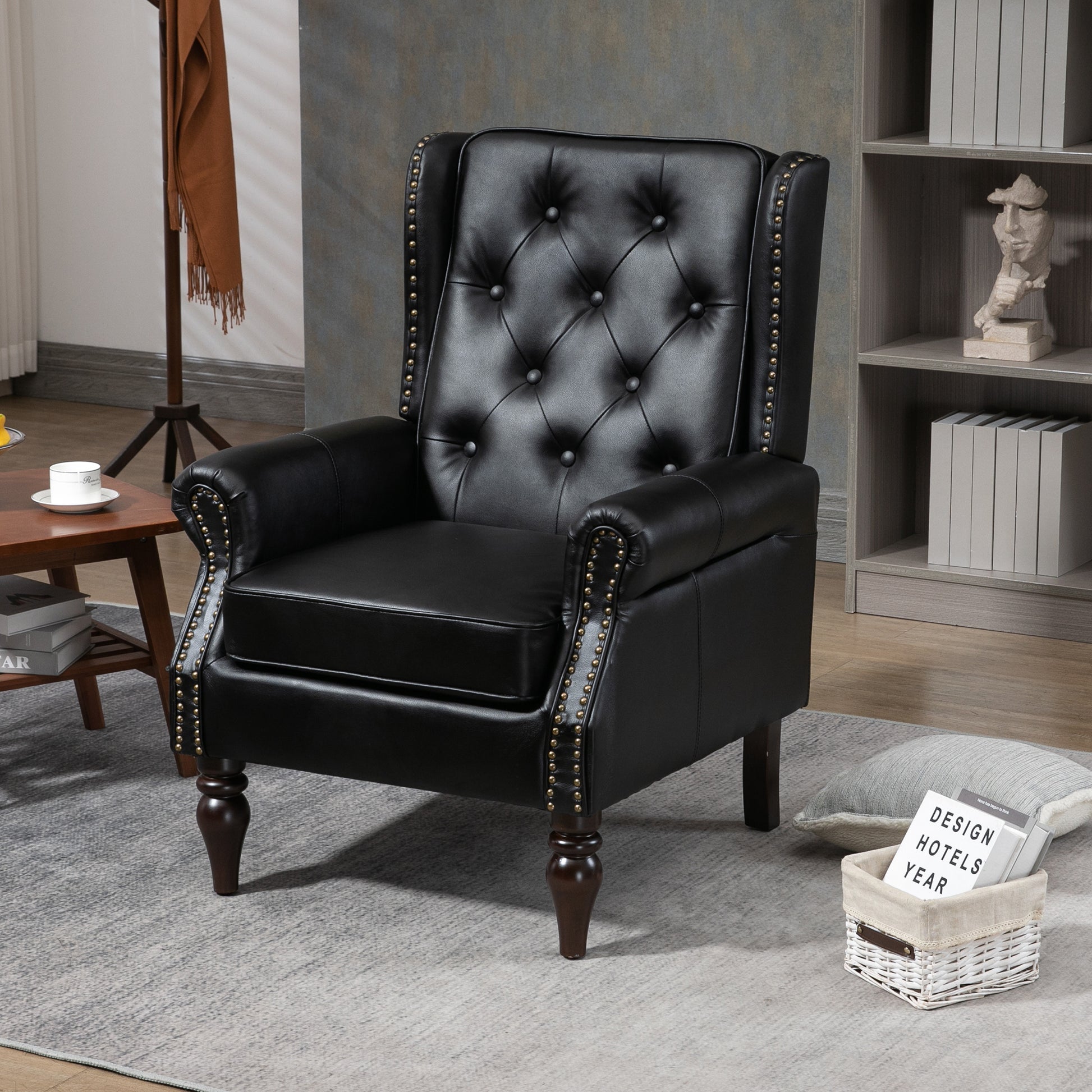 Coolmore Wood Frame Armchair, Modern Accent Chair Lounge Chair With Sturdy Wood Legs For Living Room Bedroom Black Pu Black Pu Foam Pu Leather