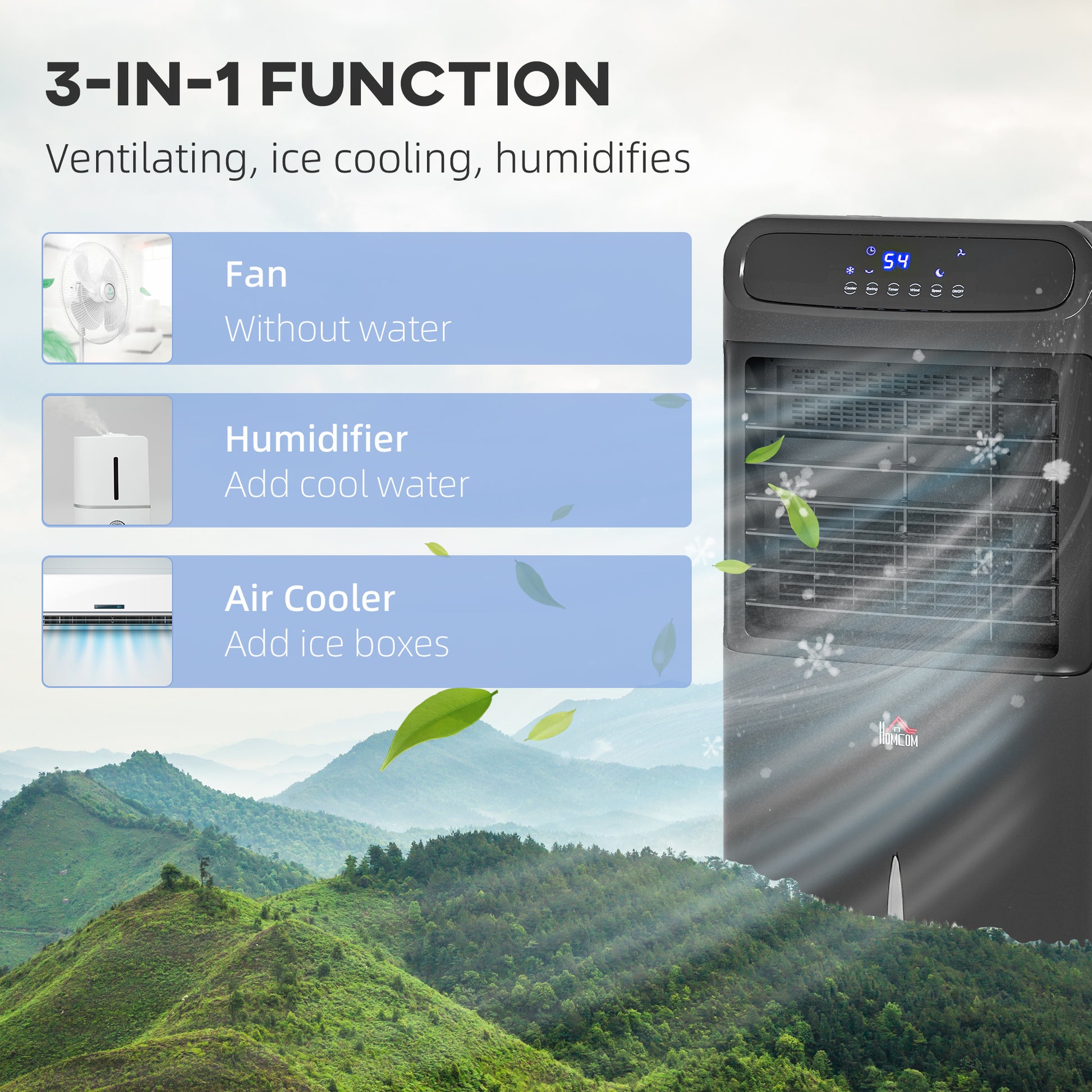 Homcom 32" Evaporative Air Cooler With 3.2 Gal Water Tank, 60 Oscillating, 3 In 1 Ice Cooling Fan, Portable Swamp Cooler With Humidifier For Home Office, 3 Modes, 3 Speeds, 12H Timer, Remote, Black
