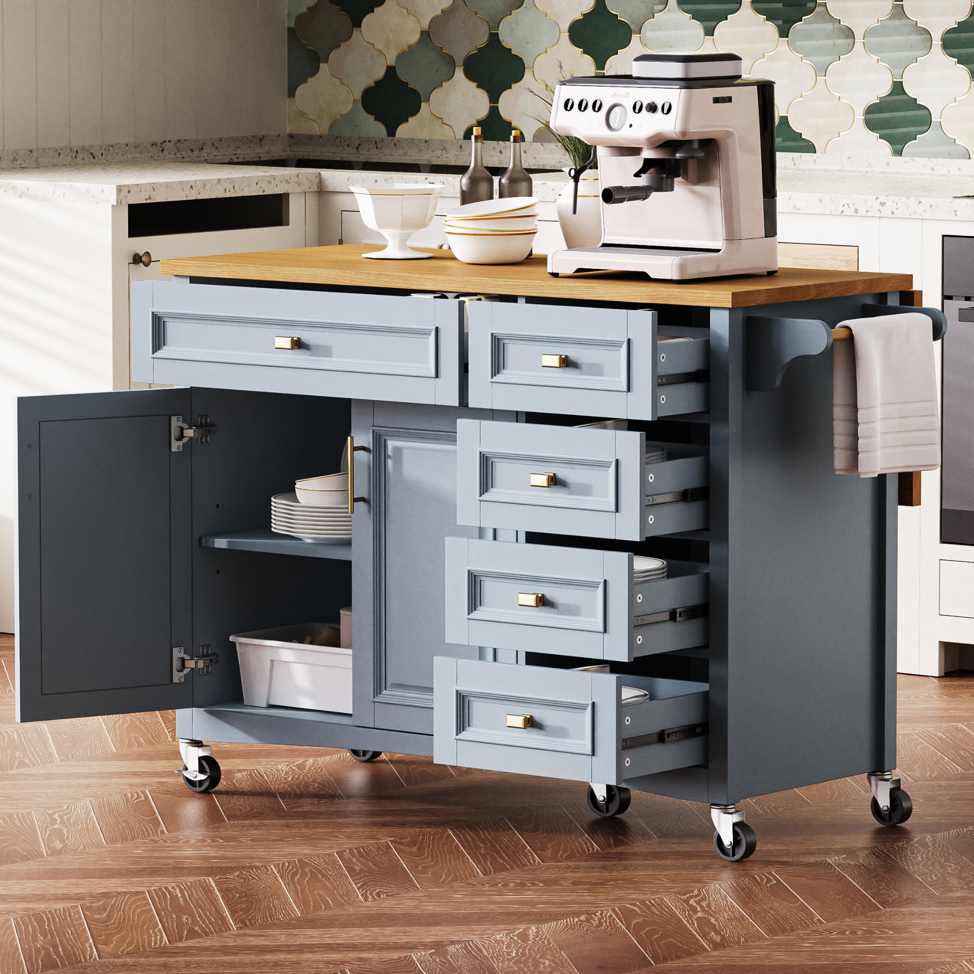 K&K 52'' Kitchen Island With Drop Leaf, Embossed Texture Kitchen Island On Wheels With Spice Rack, Towel Rack, 2 Doors And 5 Drawers, Kitchen Storage Cart With Adjustable Shelf For Kitchen, Blue
