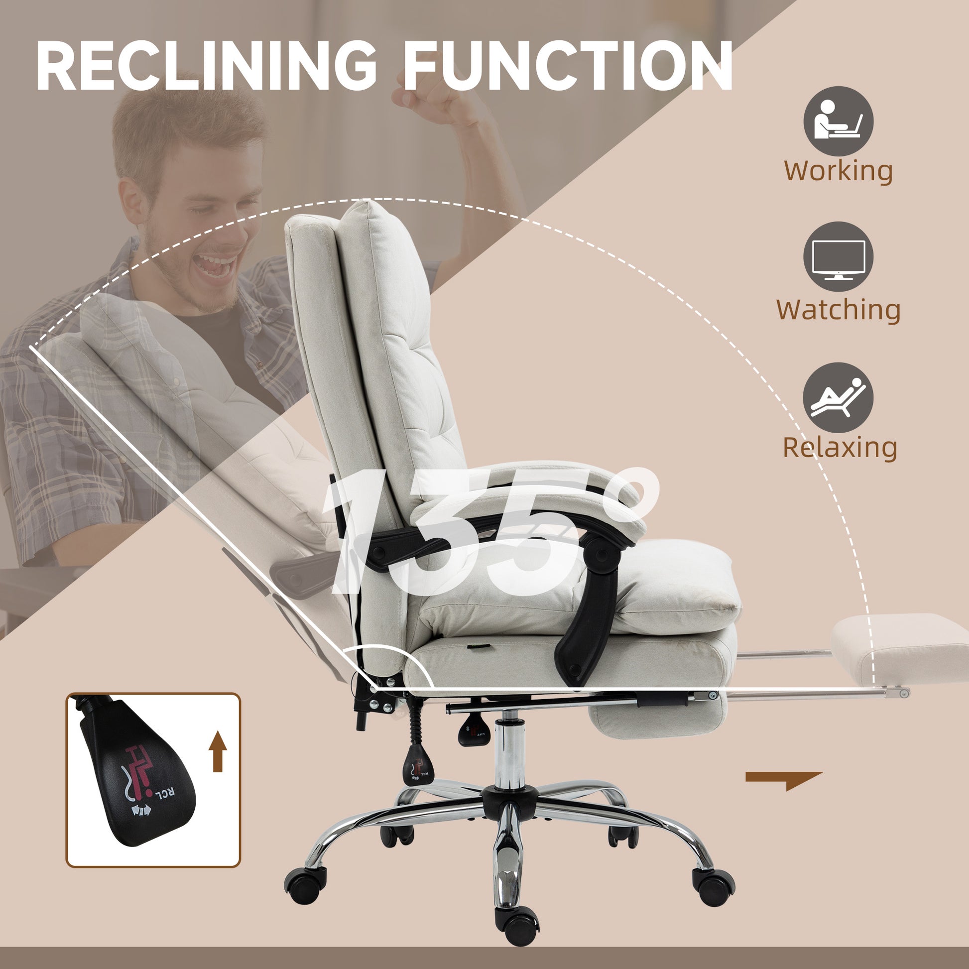 Vinsetto Microfibre Executive Massage Office Chair, Computer Desk Chair, Heated Reclining Chair With Footrest, Double Tier Padding, Swivel Wheels, Cream White Cream White Polyester