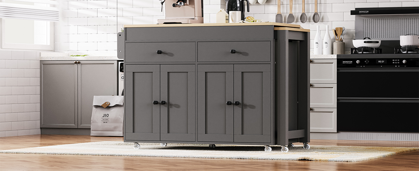 K&K 74.5 Inch Kitchen Island With Extendable Dining Tablerolling Kitchen Island On Wheels With Spice Rack And 2 Drawers, Kitchen Storage Cart With 4 Door Cabinet, For Kitchen, Dining Room, Grey Grey