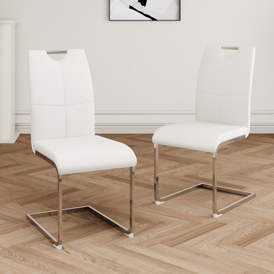 Modern Dining Chairs With Faux Leather Padded Seat Dining Living Room Chairs Upholstered Chair With Chrome Metal Legs Design For Kitchen, Living, Bedroom, Dining Room Side Chairs Set Of 2 White