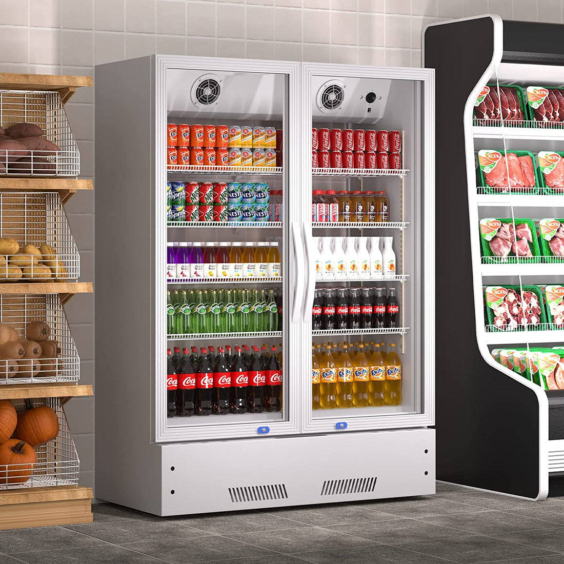 Commercial Display Refrigerator, Upright Swing Glass Door Merchandiser Fridge With Led Lightning, Reach In Beverage Cooler For Shop Restaurant, Etl Approved, 17.1 Cu. Ft, Silver Silver Steel