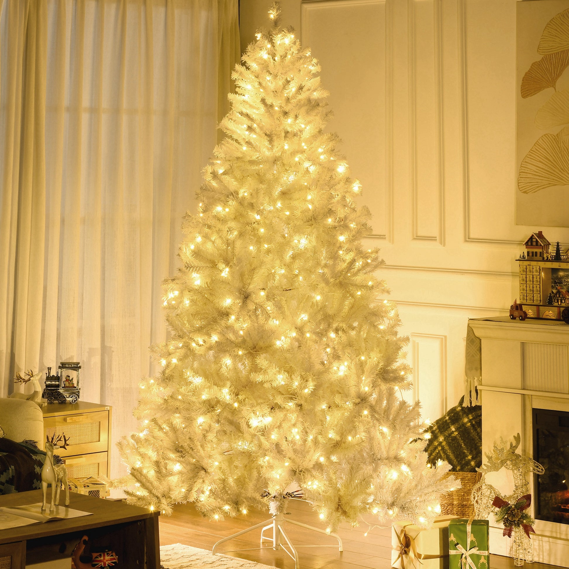 Homcom 7.5Ft Tall Prelit Artificial Christmas Tree Holiday D Cor With 1518 Branches, 500 Warm White Led Lights, Auto Open, White White Plastic