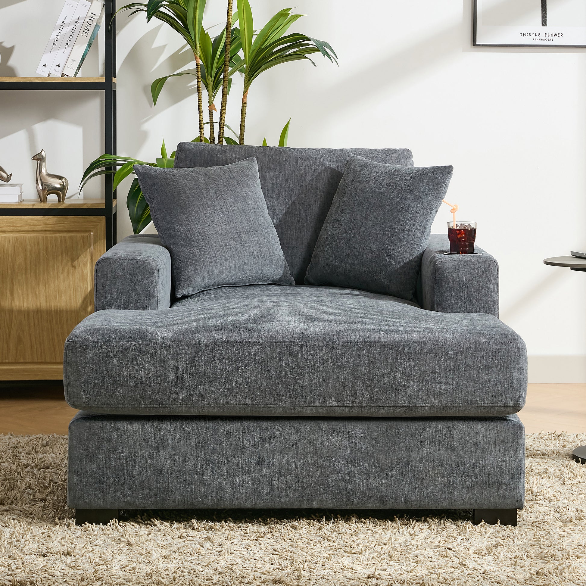 43.5" Oversized Chaise Lounger Modern Style Sofa Couch ,With Pillows, Charge Station & Cup Holders, Chenille Fabric, Blue Gray Blue Gray Chenille